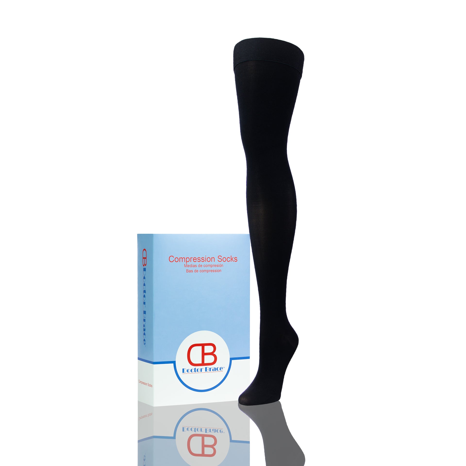 Bas De Compression 30 40 mmHg Pour Femme Longueur À La Cuisse - Noirs - Présentés Sur Une Seule Jambe De Mannequin - Avec L'emballage de Doctor Brace À Côté