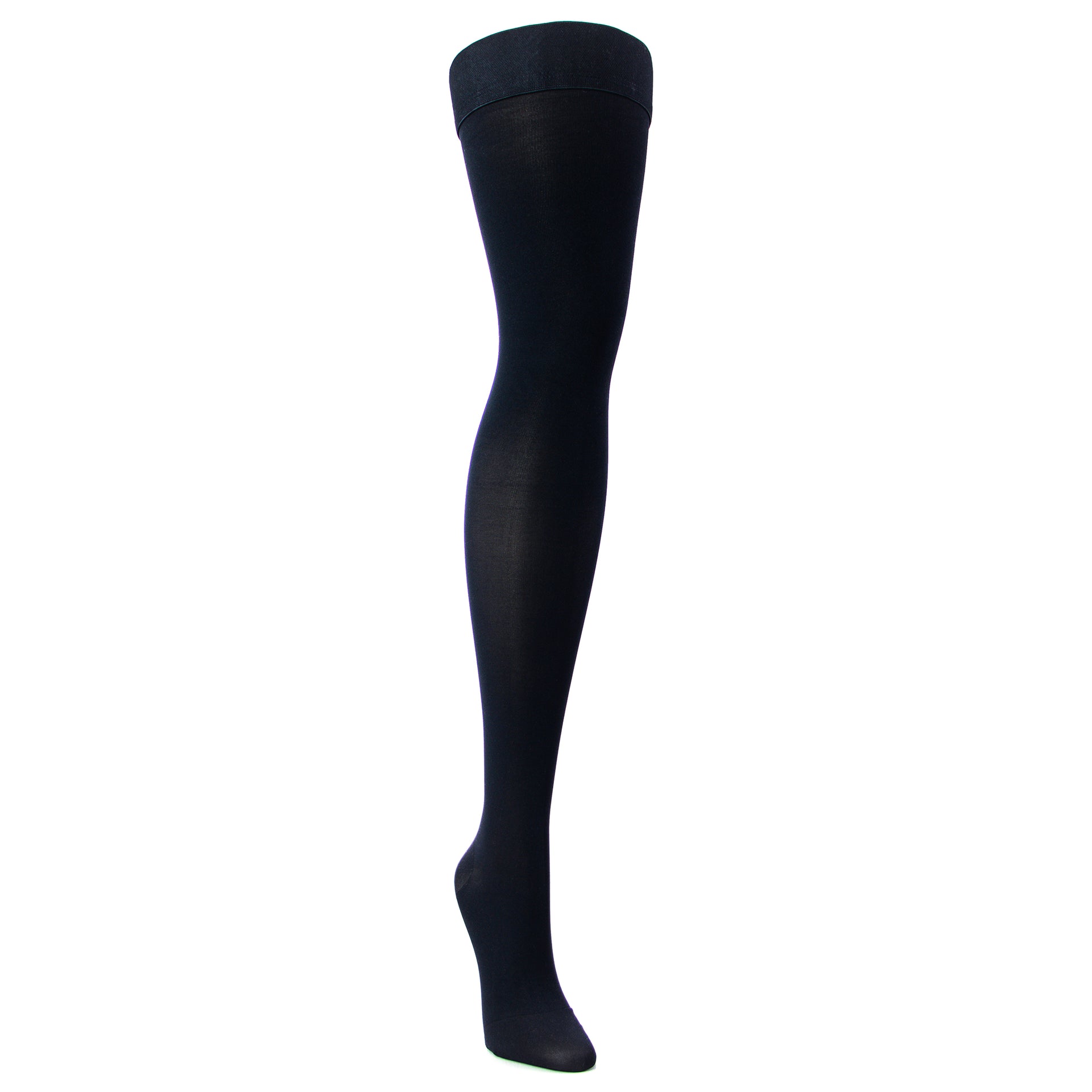 Bas De Compression 20 30 mmHg Femme Pour Cuisses Et Mollets - Couleur Noire - Doctor Brace - Vue De La Jambe Du Mannequin Du Côté Externe Du Pied