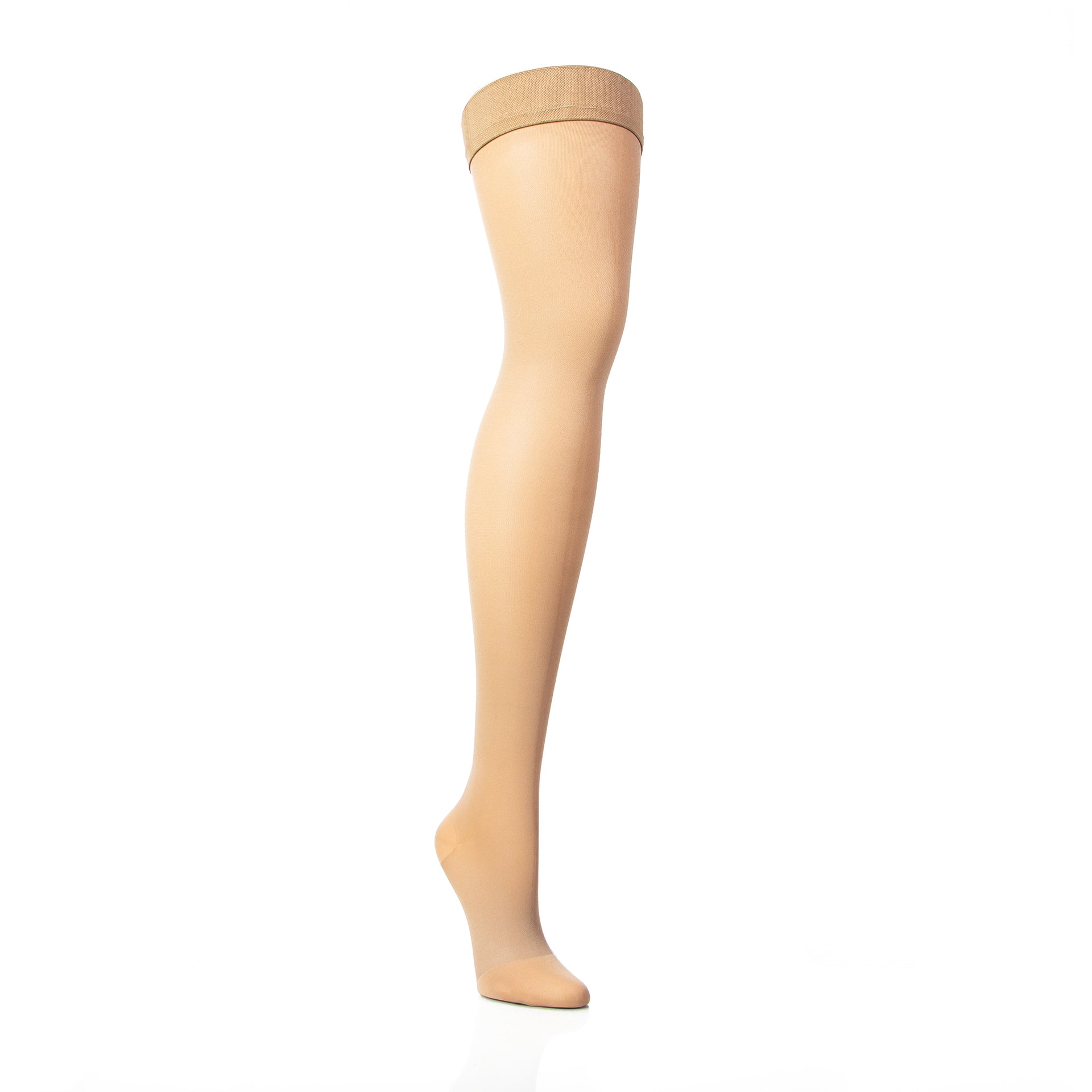 Bas De Compression Femme 20 30 mmHg Cuisse En Beige - Doctor Brace - Vue Jambe Seule Du Côté Intene Des Cuisses