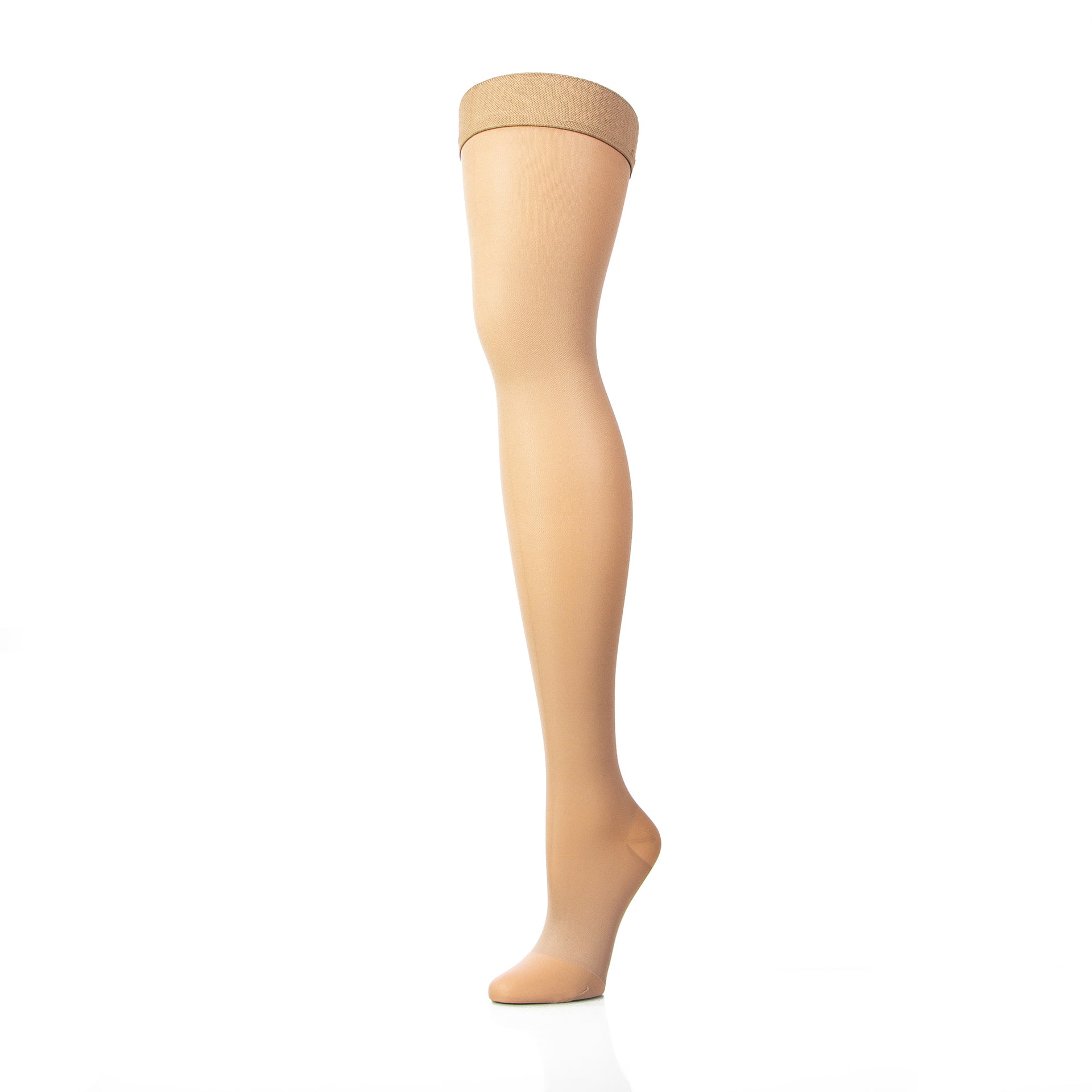 Bas De Contention 20 30 mmHg Pour Femme Qui Arrivent À La Cuisse - Doctor Brace - Couleur Beige - Vue D'une Jambe De Mannequin Seule - Côté Externe Du Pied