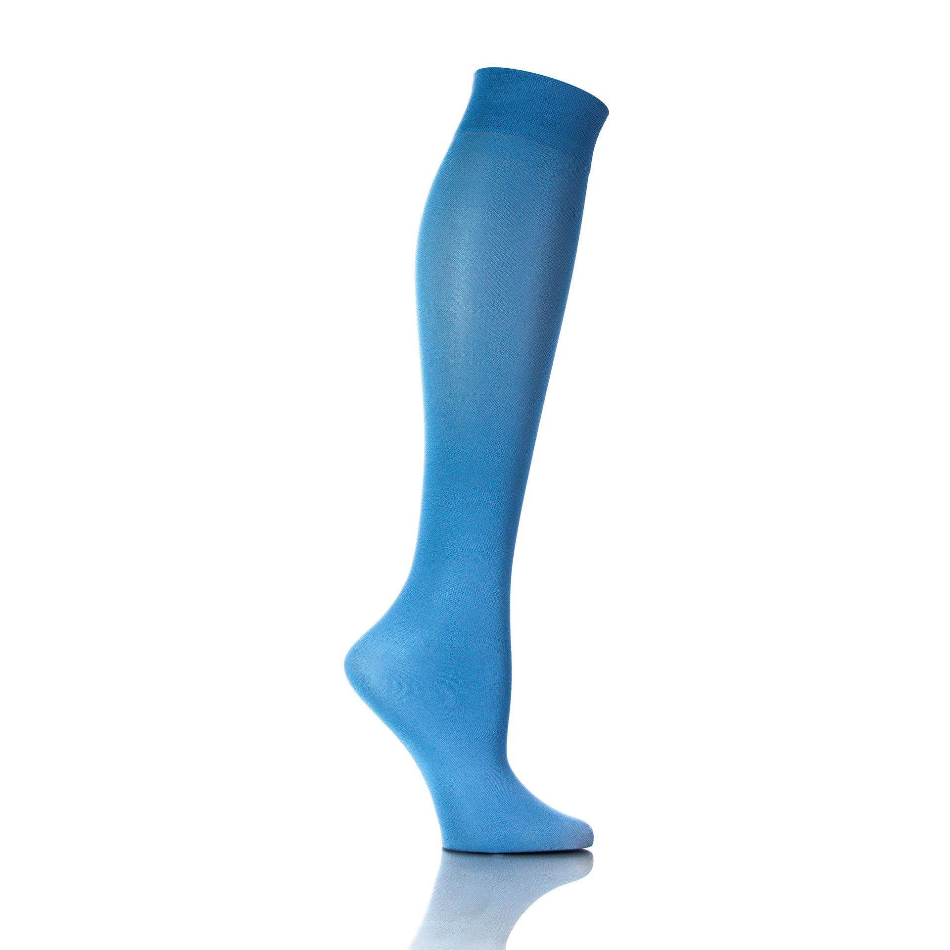 Bas de contention bleu ciel 20-30 mmHg pour femme, vue intérieure de la jambe, confort quotidien - Softmedi