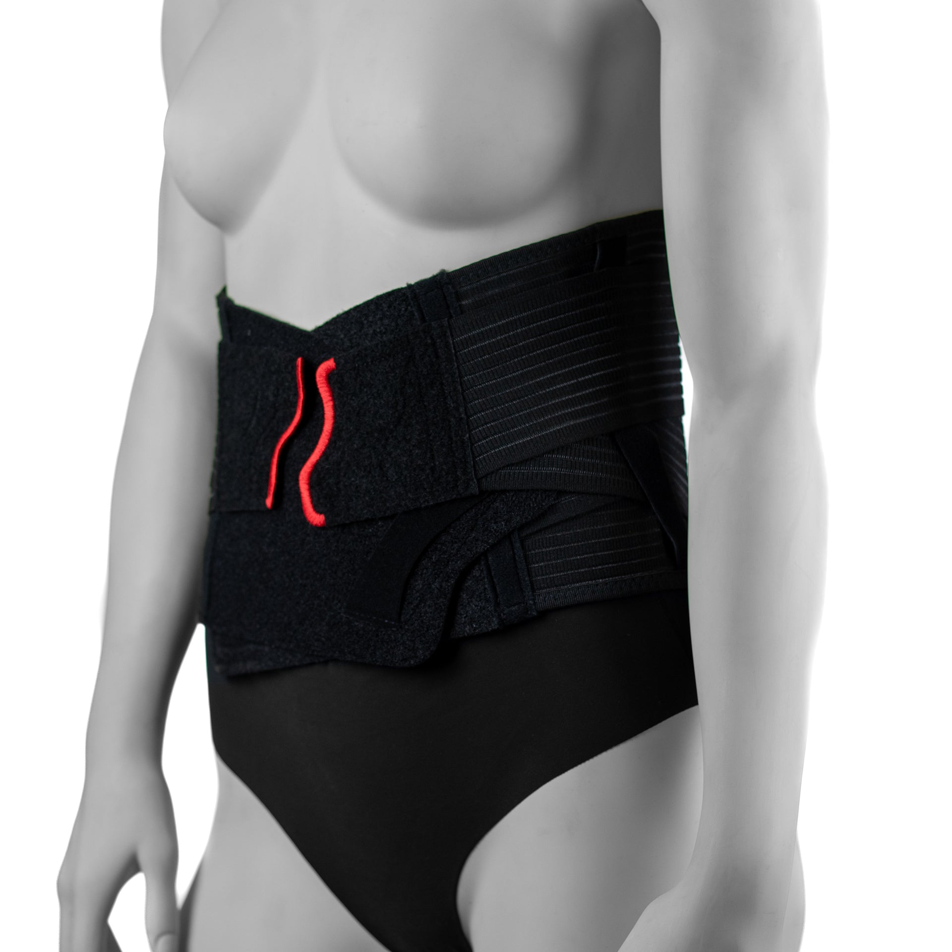 Ceinture Dorsale Pour Douleurs Lombaires Portée Par Une Femme - 21 Cm De Largeur - Élasticité Ajustable -  Vue Du Côté Gauche