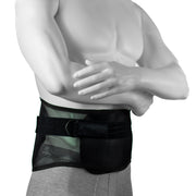 Ceinture Pour Le Dos Portée Par Un Homme Pour Douleur Lombaire - Ajustement À Cables - Vue Frontale Et Du Tissu En Mèche Respirable