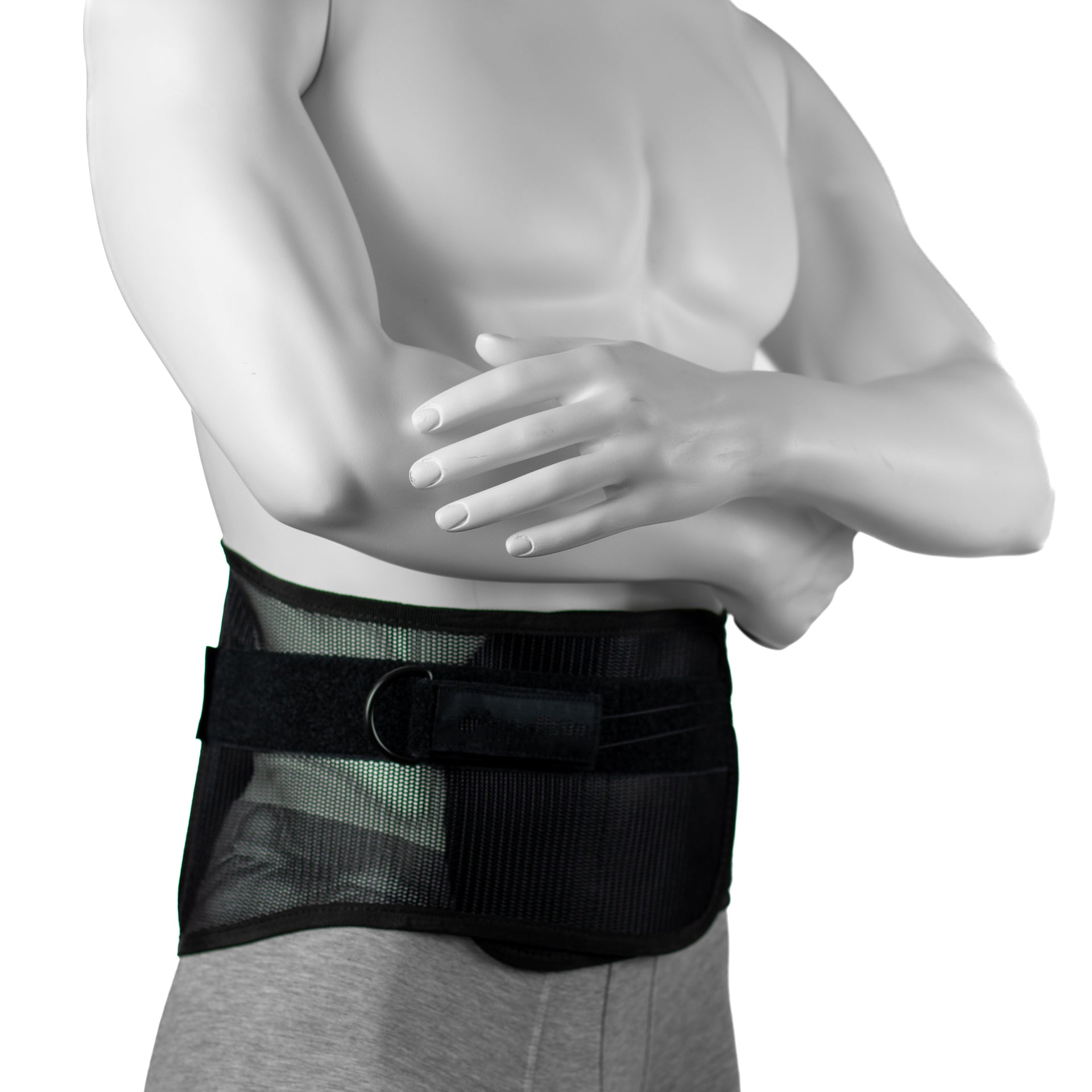 Ceinture Pour Le Dos Portée Par Un Homme Pour Douleur Lombaire - Ajustement À Cables - Vue Frontale Et Du Tissu En Mèche Respirable