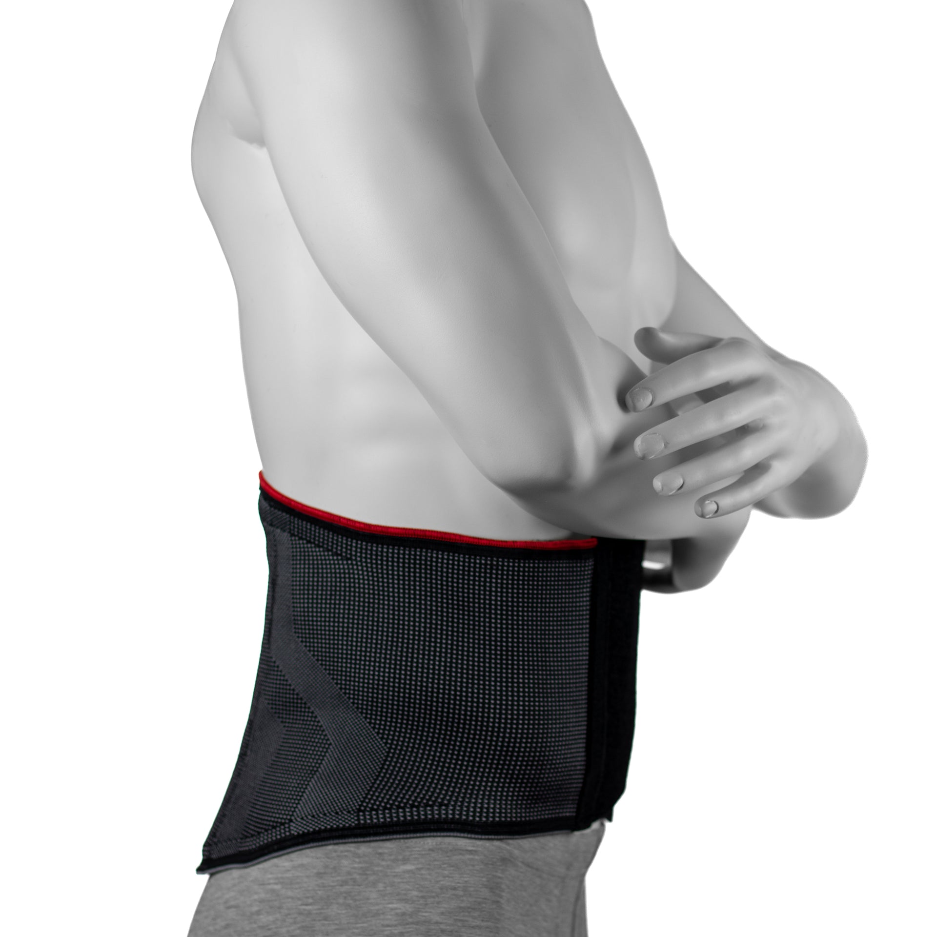 Ceinture Lombaire Pour Soulager Une Douleur Au Bas Du Dos - Tissu De Contention En Tricot - Couleur Grise Sur Les Côtés Et Noire En Avant - Portée Par Un Mannequin Homme - Vue De Côté
