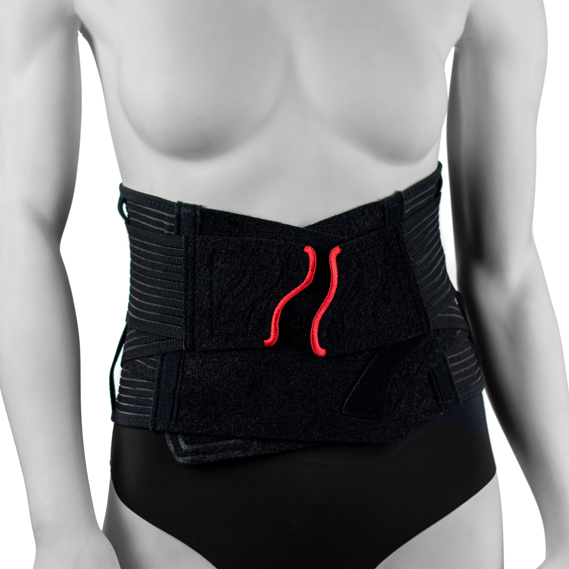 Ceinture Lombaire Pour Douleurs Au Bas Du Dos Avec Élasticité Ajustable - 21 cm De Large- Portée Par Une Femme - Vue Frontale Proche