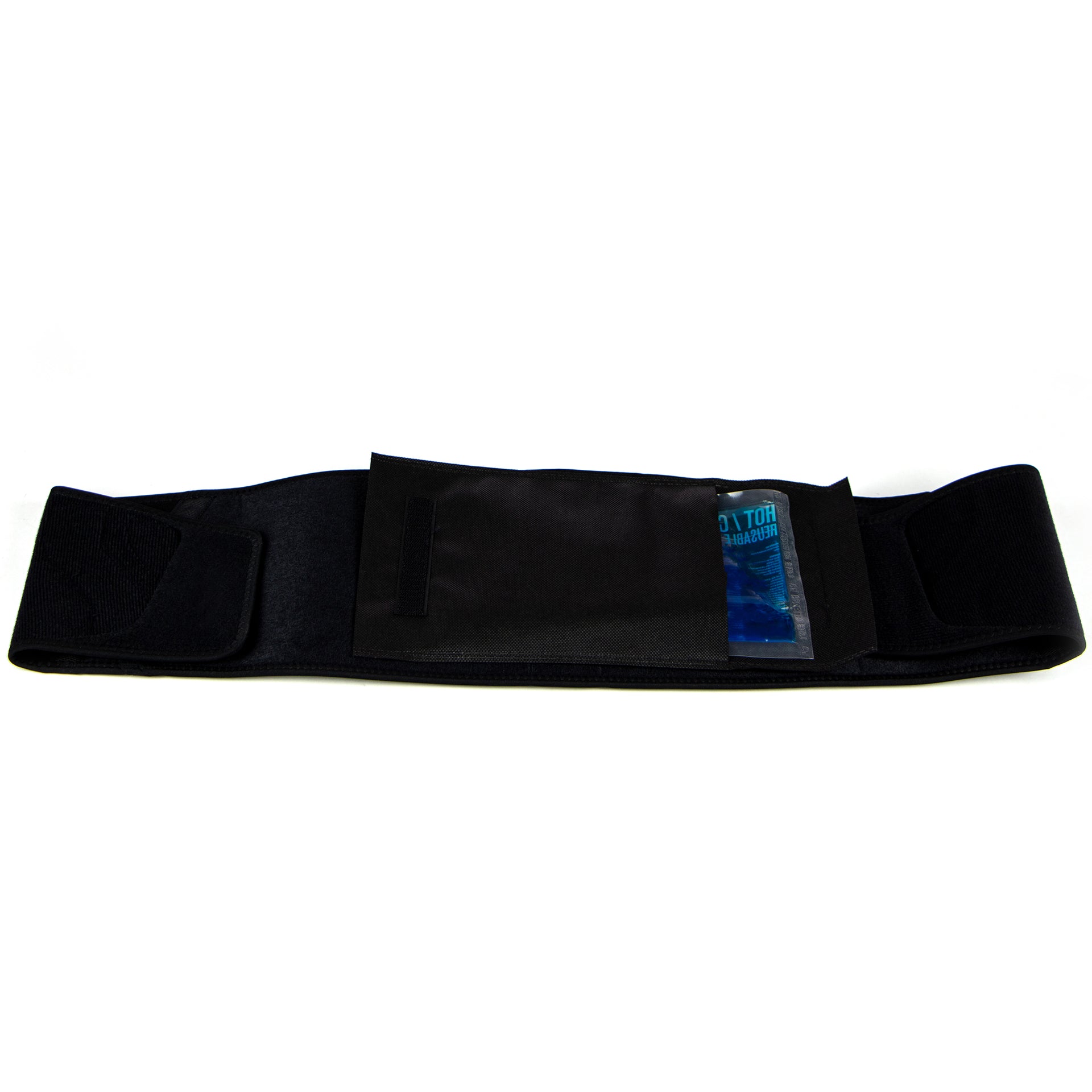 Ceinture Lombaire En Néoprène Noire - Portée Par Un Homme - Vue De L'intérieur Et De La Poche De Gel Pour Chaud-Froid - Amovible