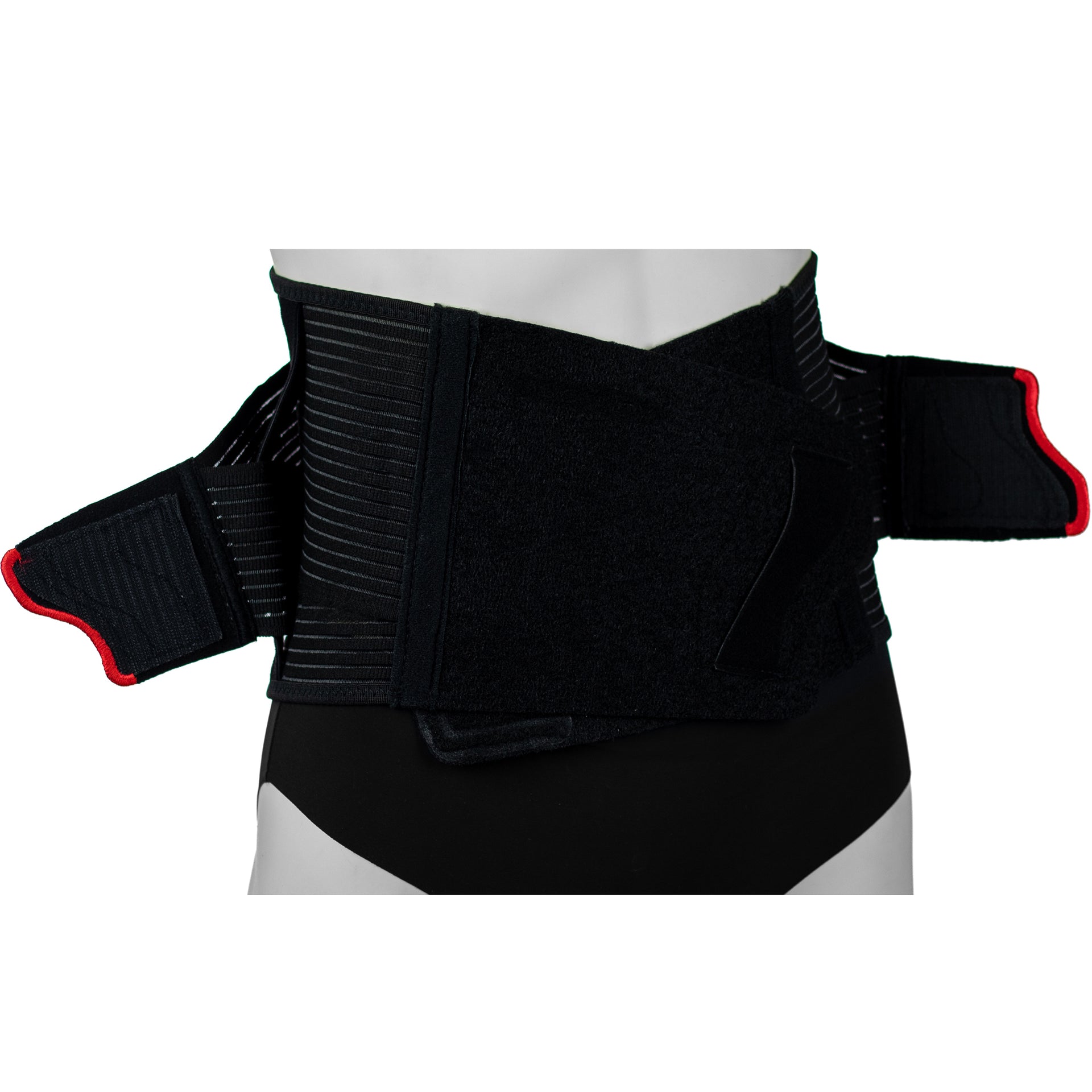 Ceinture Lombaire Pour Douleur Au Bas Du Dos Portée Par Un Mannequin Femme - Mince De 21 Cm De Largeur - Tissu Avec Élasticite Ajustable - Vue Des Sangles D'Ajustement Complètement Ouvertes