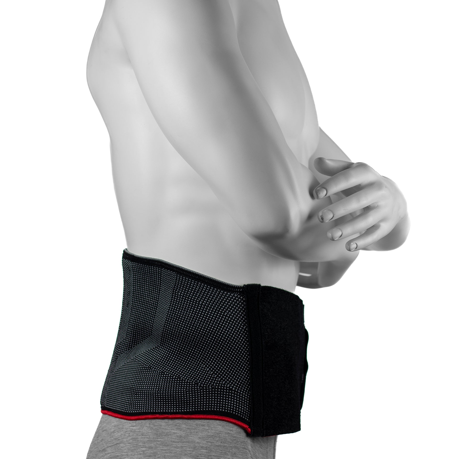 Ceinture Pour Le Dos Faite En Tissu De Compression 3D - Couleur Grise - Avec Compresse En Gel Pour Thérapie Chaud-Froid -  21 Cm De Large - Portée Par Un Homme  - Vue De Côté