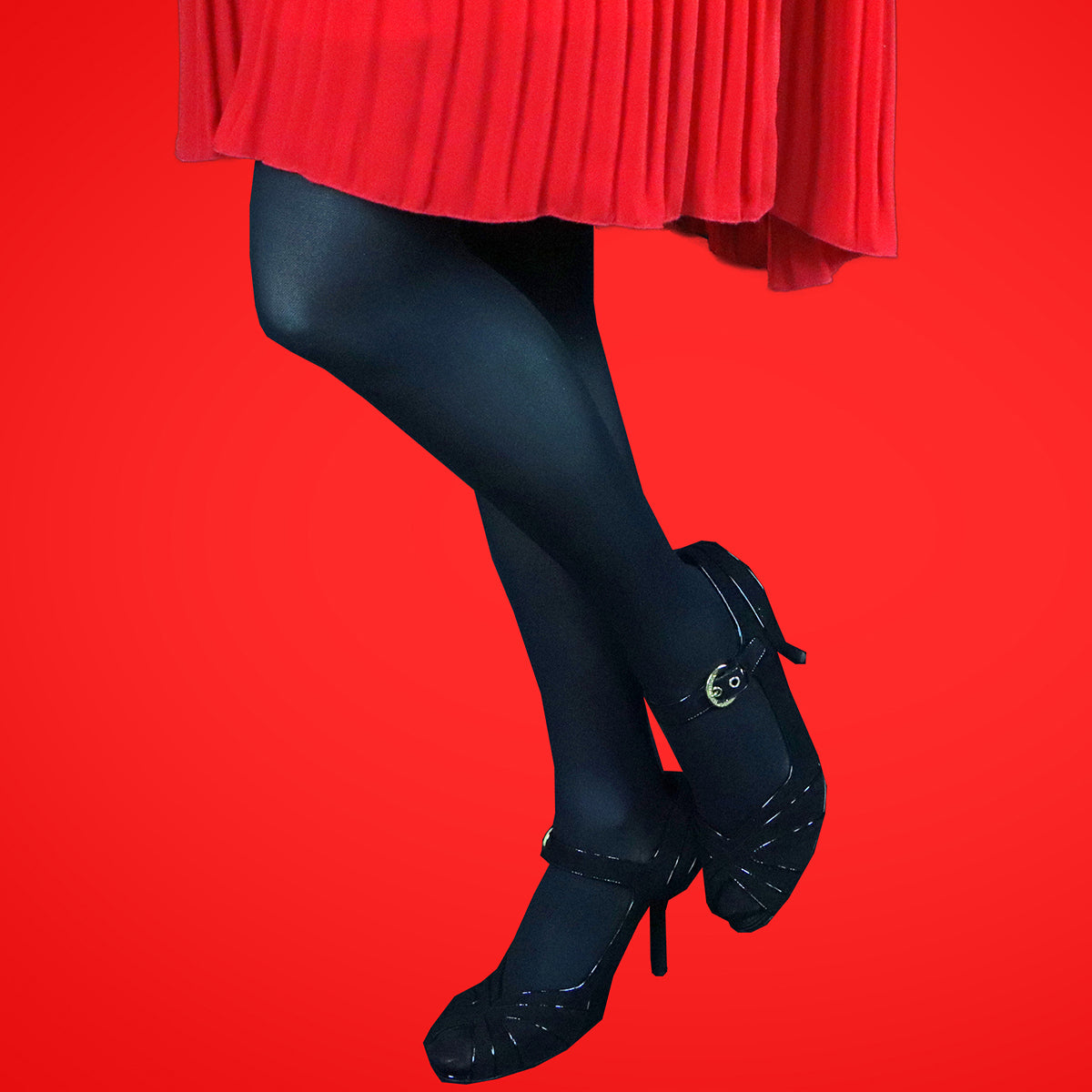 Bas De Compression Noirs Doctor Brace Portés Avec Une Jupe Rouge Et Arrière-plan Rouge - Annonce De Promotion