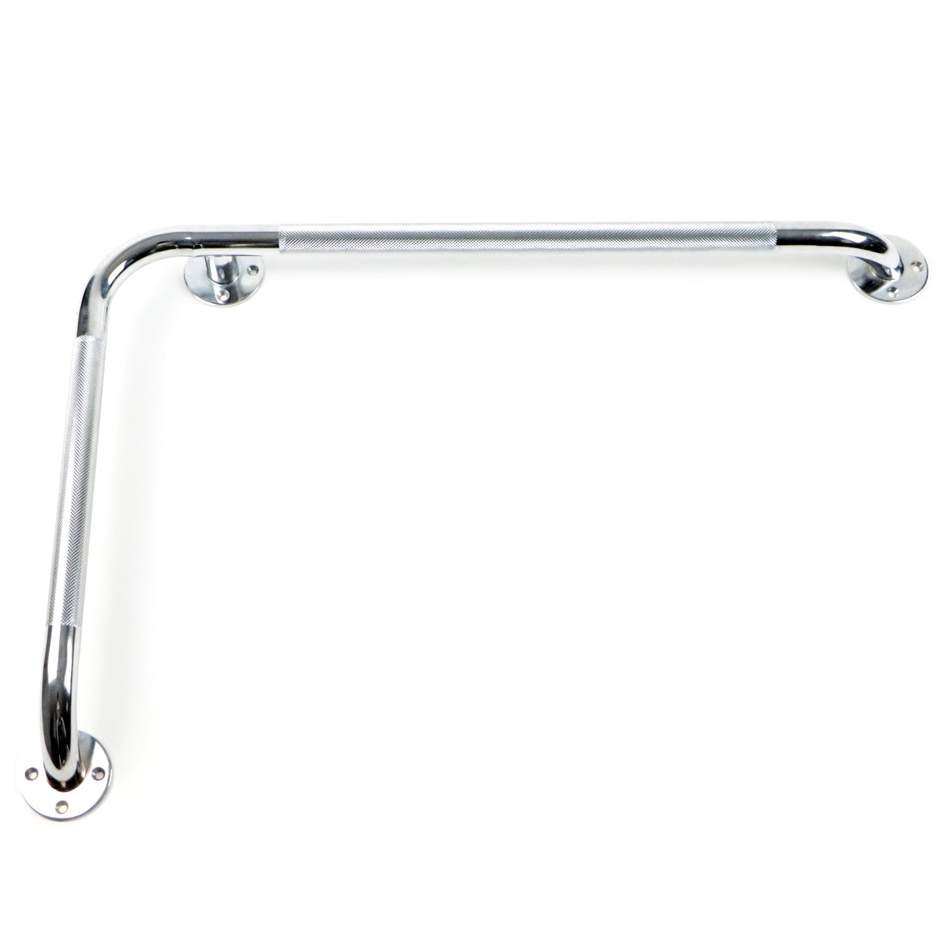 Barre D'appui Pour Baignoire Ou Douche Inclinée En L Chromée Texturée De 32x16 Pouces Vue Horizontale Angle 90 Degrés Face Vers Le Bas