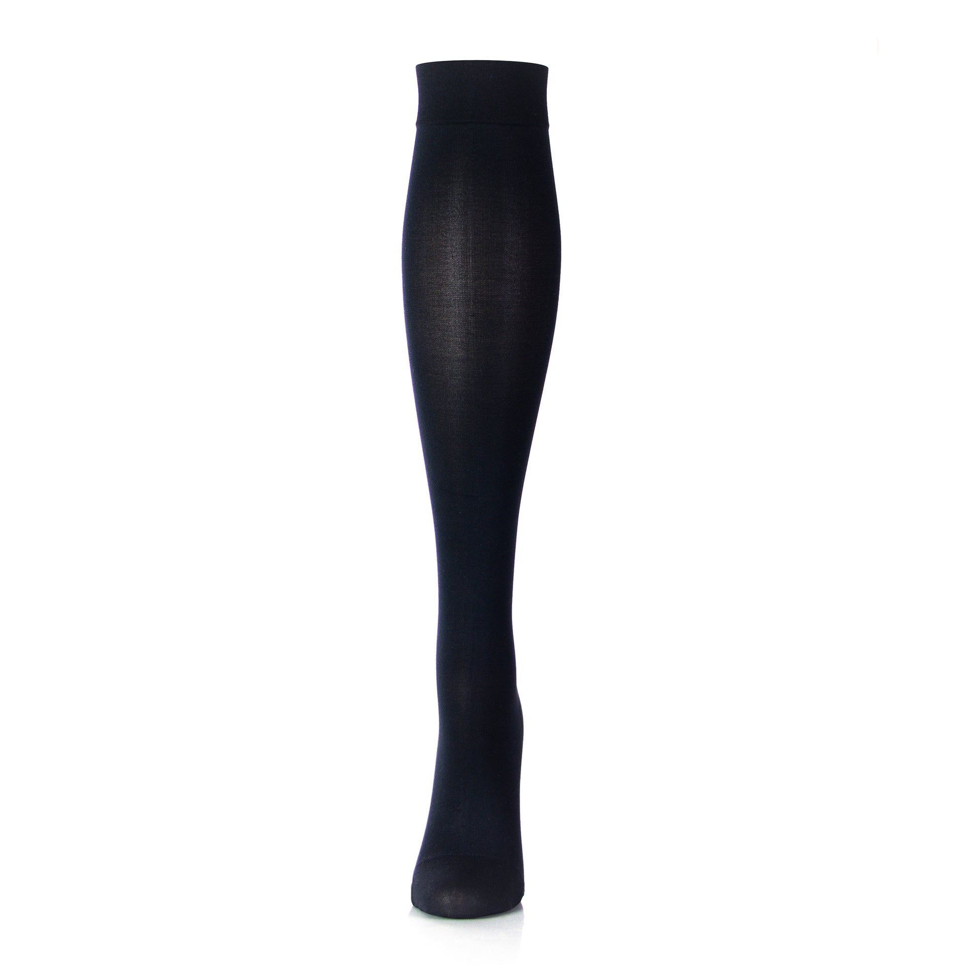 Bas Compressif Pour Femme - Couleur Noire - Avec Tissu De Compression 20 30 mmHg - Présentés Sur Jambe En Plastique - Longueur Au Genou - Vue Frontale