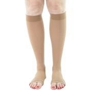 Bas De Compression 30-40 mmHg Femme Pointe Ouverte Aux Mollets Beige Doctor Brace Vue Frontale