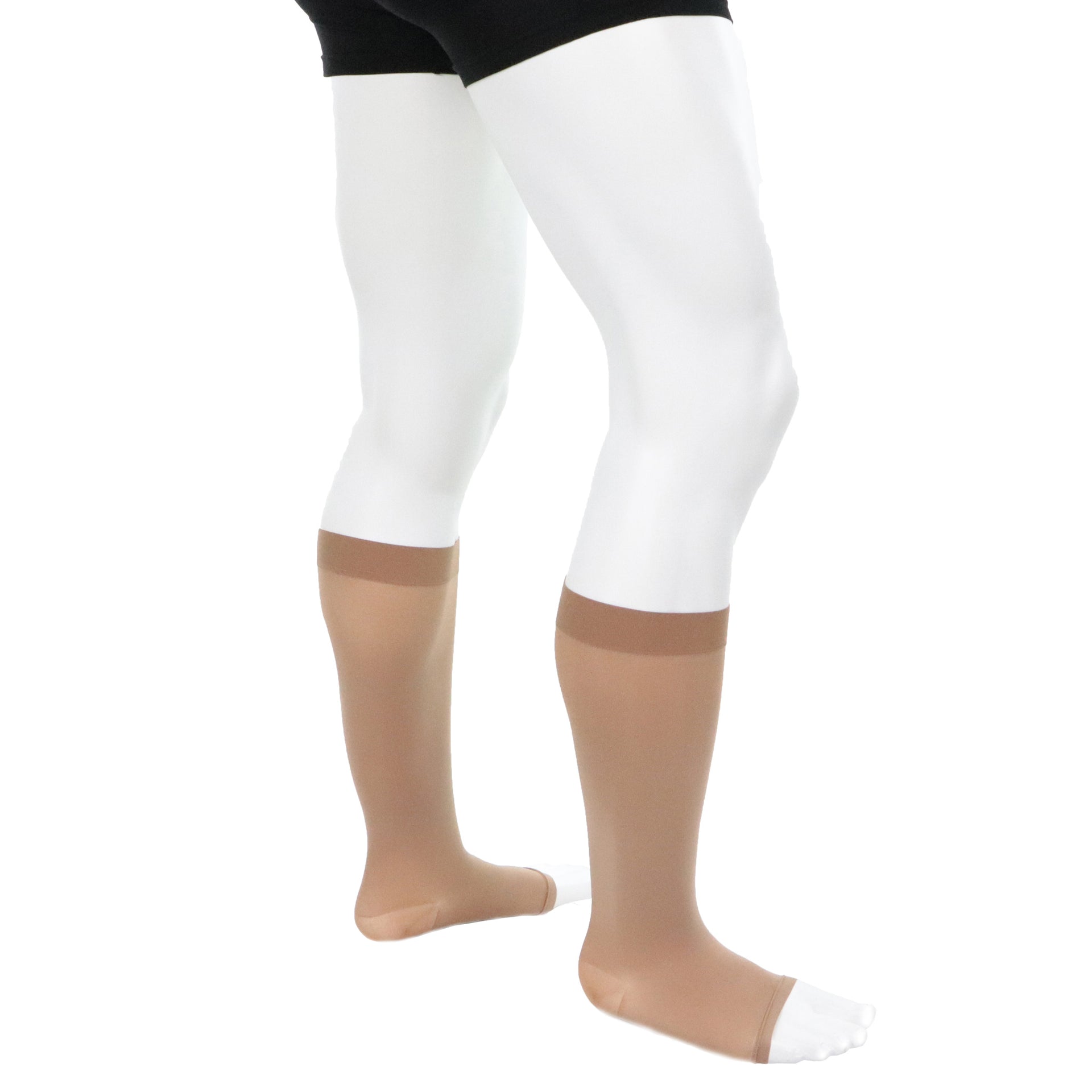 Bas De Compression 30-40 Au Genou Pointe Ouverte Homme  Doctor Brace Beige Semi-opaque Vue Extérieur Jambe Droite Proche