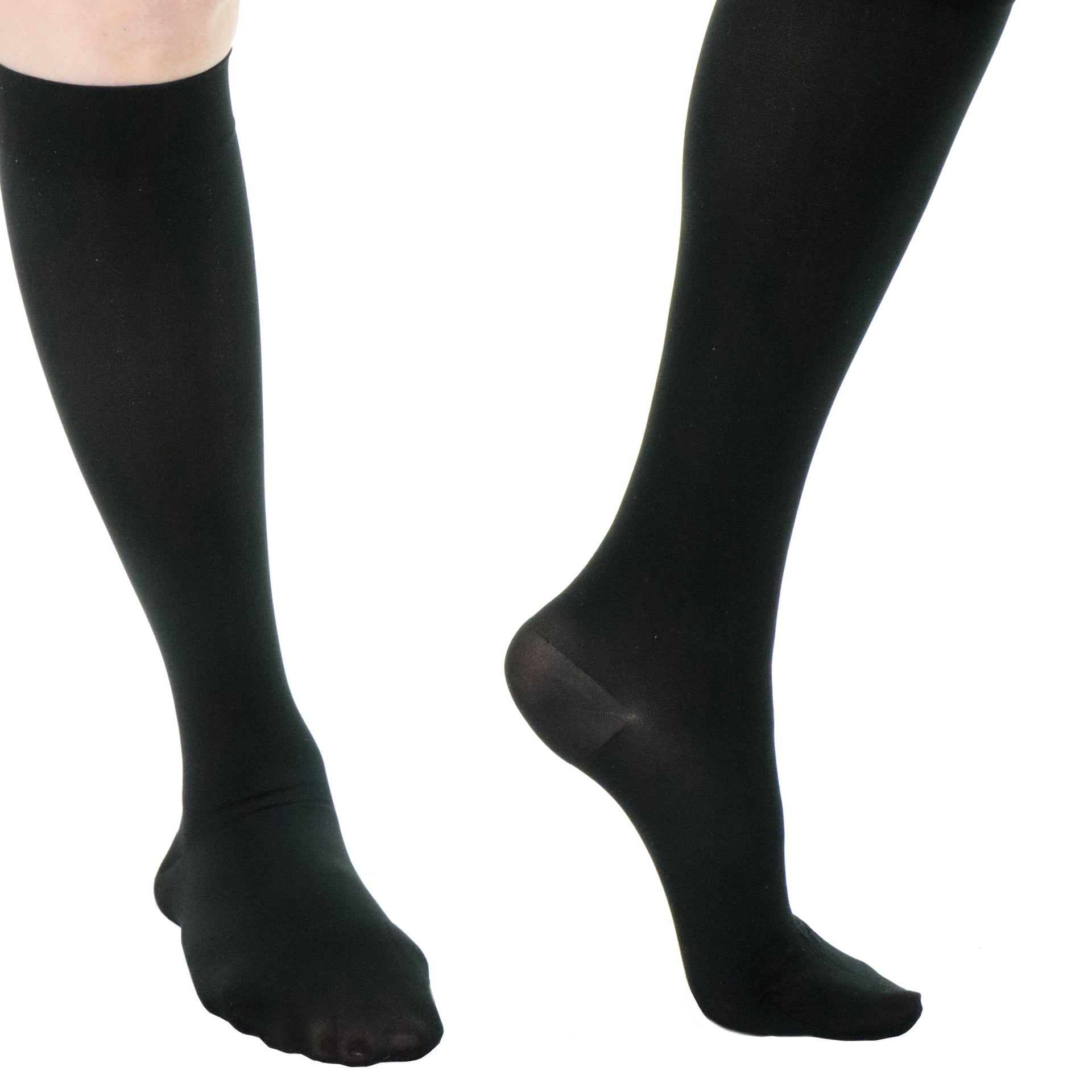 Bas De Compression Pour Femme 30-40 mmHg Courts Aux Mollets Noirs Vue De Côté Des Deux Pieds