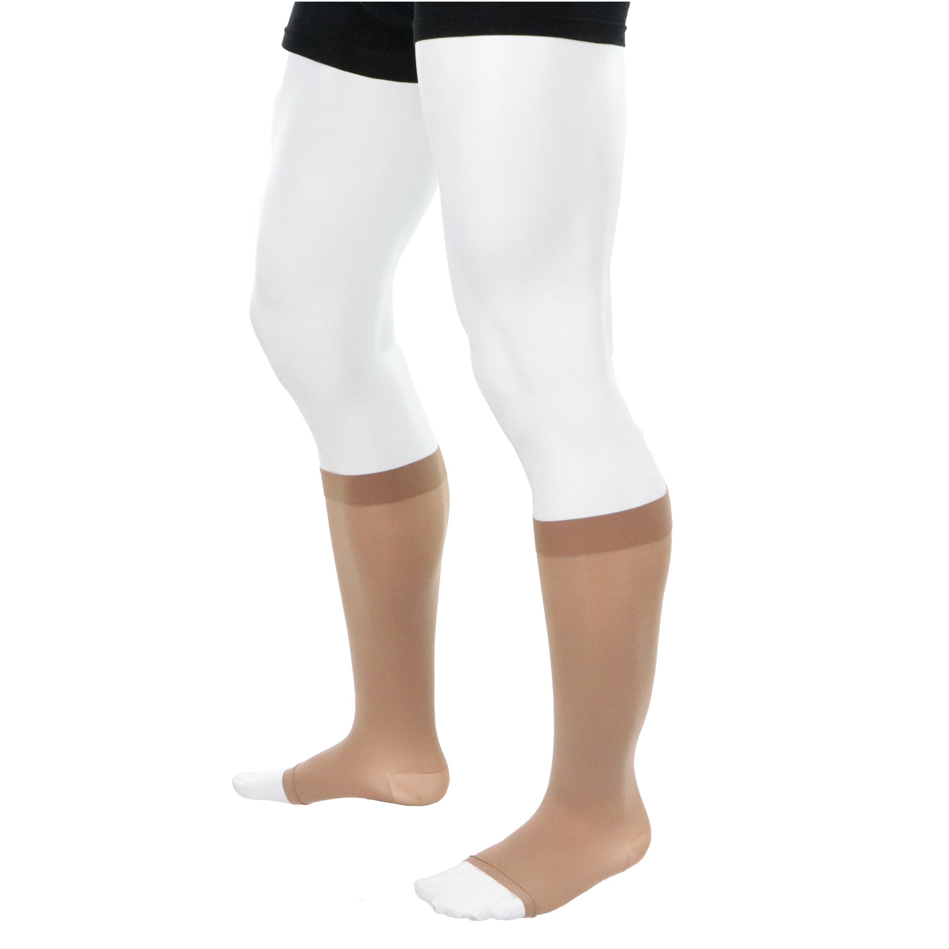 Bas Support Homme Semi-opaque 20-30 Bout Du Pied Ouvert Beige Doctor Brace Vue Latérale Intérieur Et Extérieur Jambes