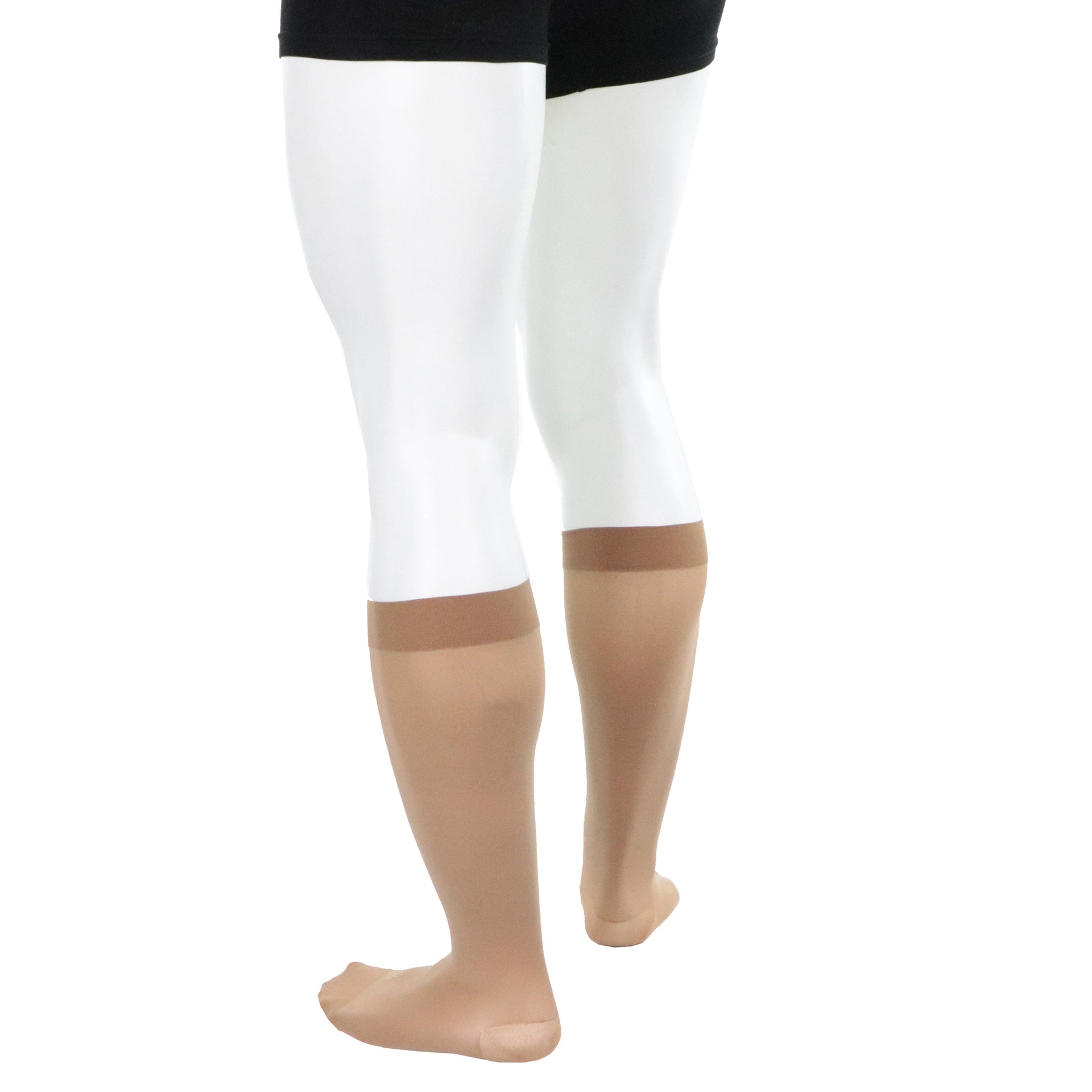 Bas Support Au Genou 20-30 mmHg Pour Homme Beige Peau Doctor Brace Arrière Et Côté Avec Jambe Gauche Plus Proche