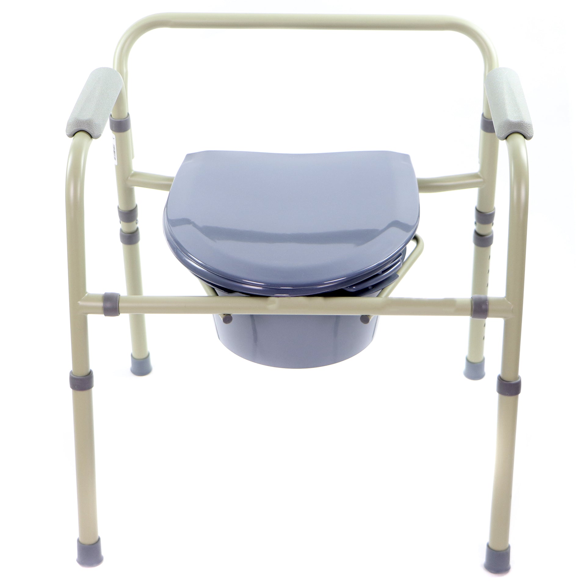 Chaise D'aisance Avec Siège De Toilette Rond Standard Couleur Grise Accoudoirs Et Dossier Vue Avant Avec Couvercle Fermé