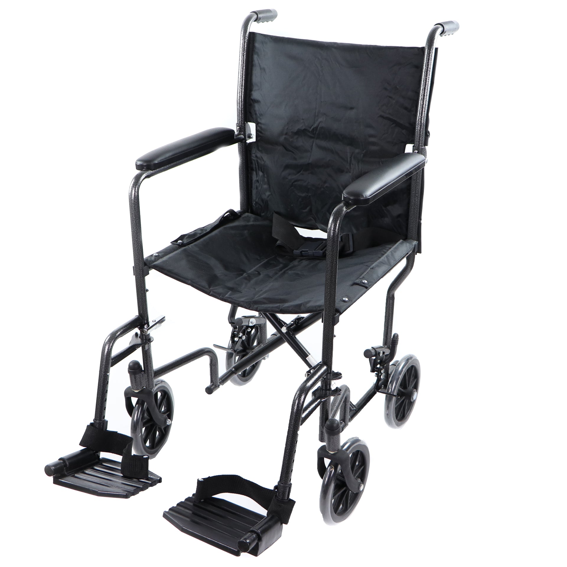 Chaise Roulante De Transport Pas Cher  Noire Avec Repose-Pieds Escamotables Et Accoudoirs Coussinés