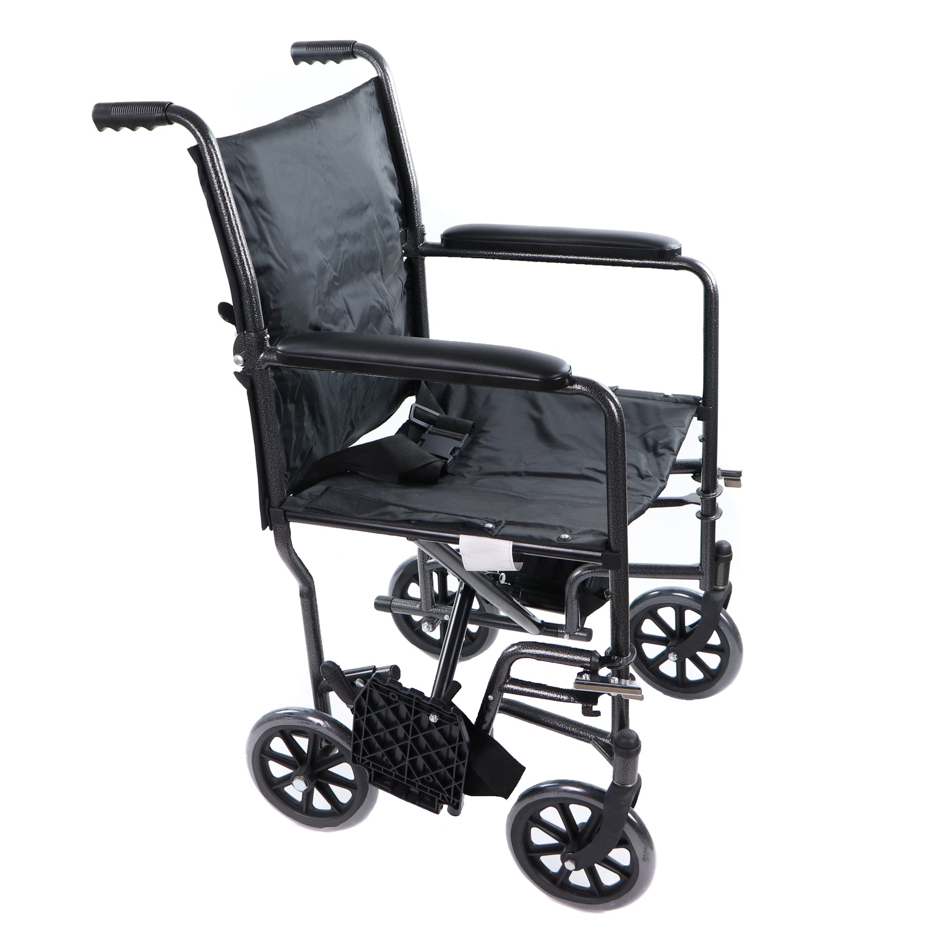 Chaise Roulante De Transport Pour Personne Âgée Abordable Noire Vue Côté Droit Avec Repose-pied Rangé