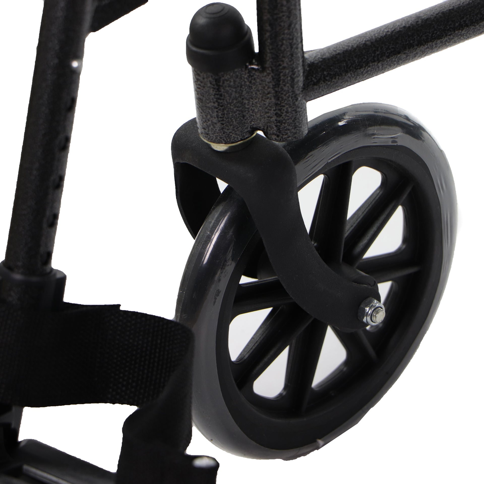 Chaise Roulante Transport Personnes Âgées En Acier Noir Vue Proche Roue Avant Pivotante