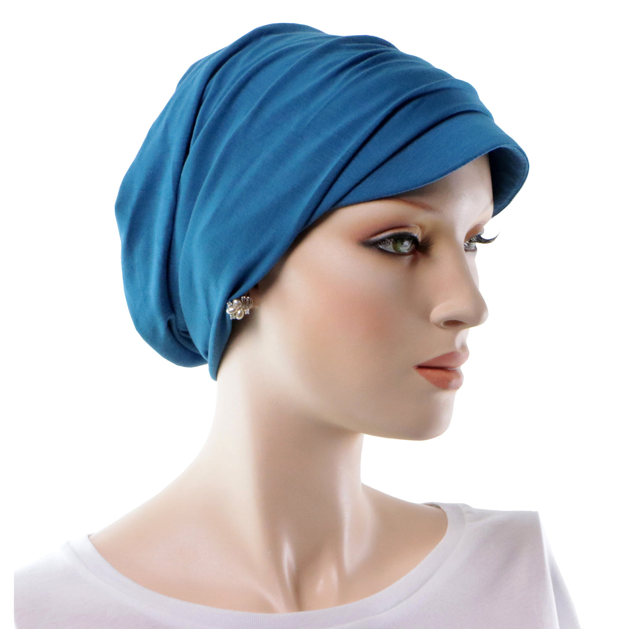 Chapeau Cancer Après Chimio En Bambou Sans Couture Style Drapé 2 En 1 Bleu Turquoise Profil Droit