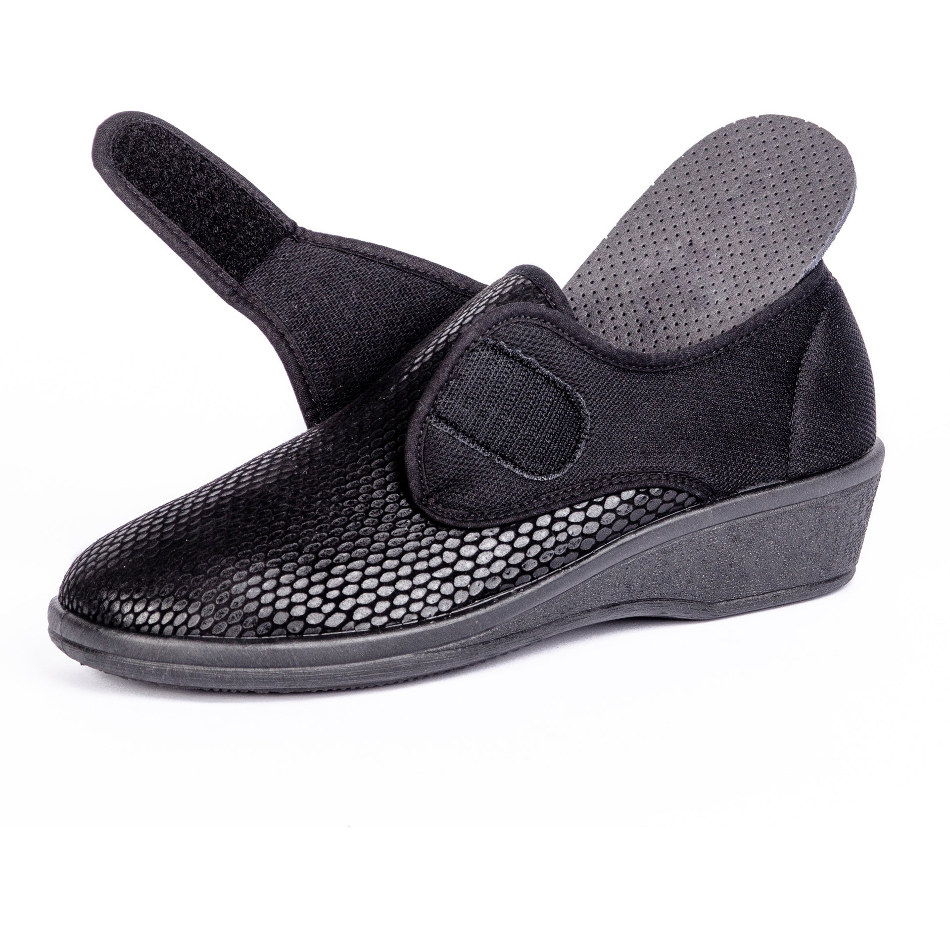 Chaussure Orthopédique Adaptée Pour Orthèse Plantaire Extensible Noire Avec Talon Compensé Vue Semelle Amovible