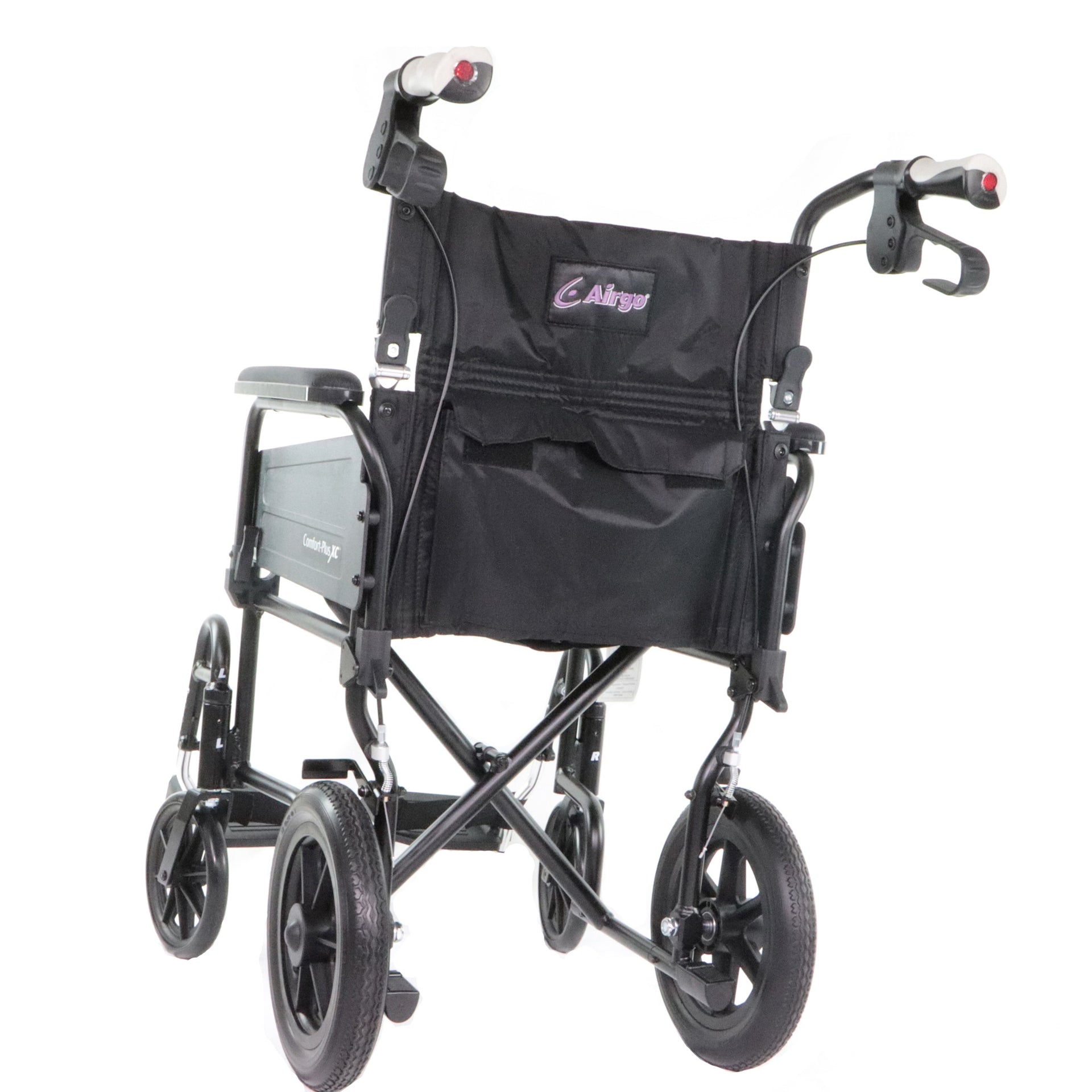 Fauteuil De Transport Airgo Comfort Plus XC Vue De L'arrière Du Dossier Et Des Roues De 12 Pouces
