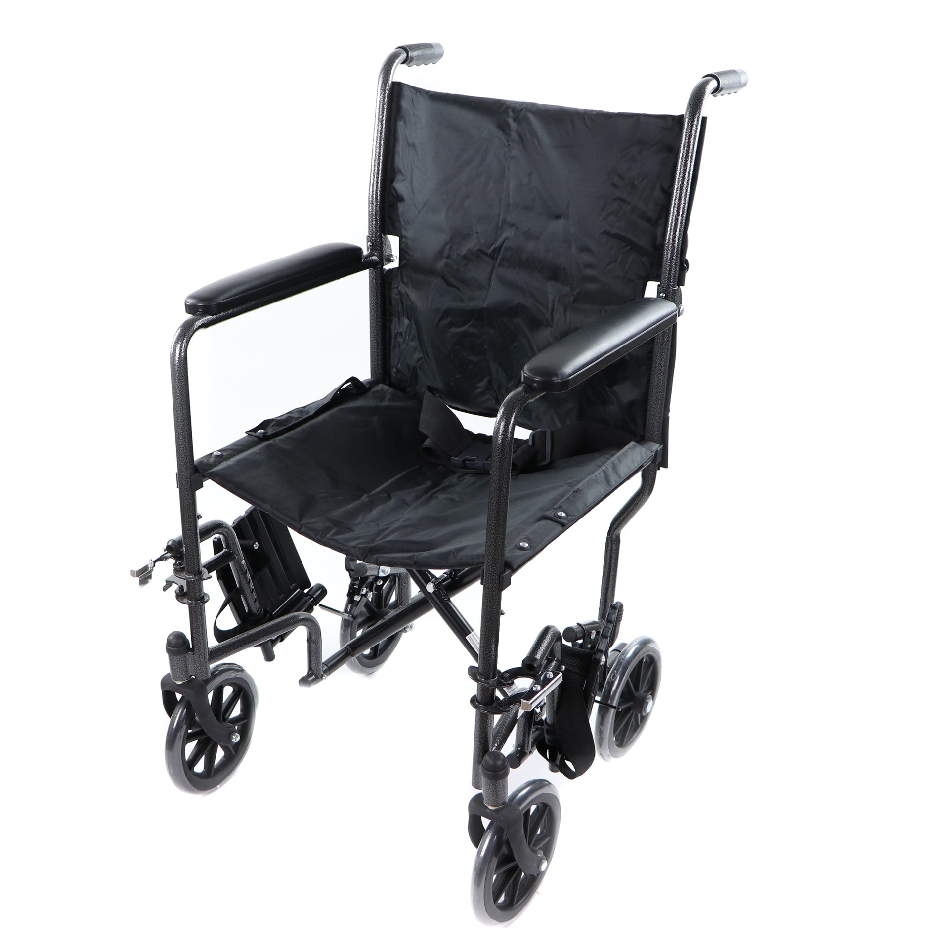 Fauteuil De Transport Pour Personnes Âgées Abordable Noir Appui-bras Coussinés Petites Roues Vue Repose-pieds Pliés