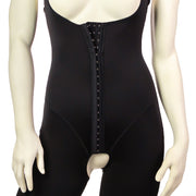 Gaine Post Opératoire Noire Style Bodysuit Avec Pantalon Court Vue Complet Proche Fermeture Ajustable En Avant