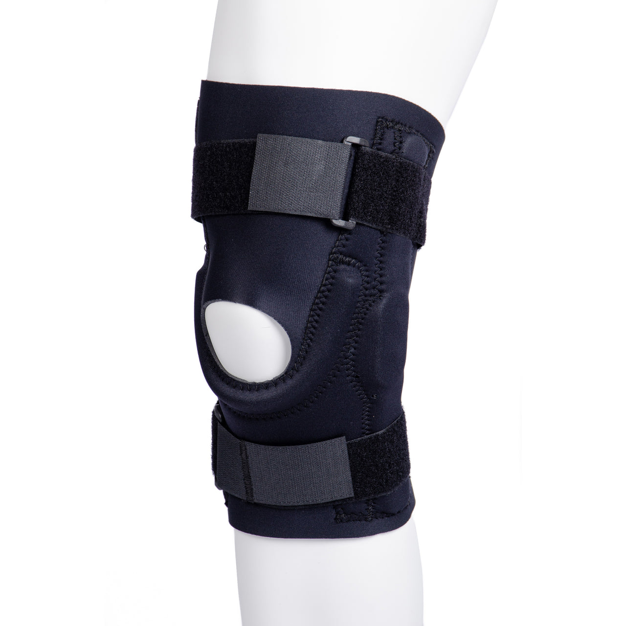 Genouillère Rotulienne Et Ligamentaire Articulée À Rotule Ouverte Et Deux Sangles Ajustables En Velcro Faite En Néoprène Noire