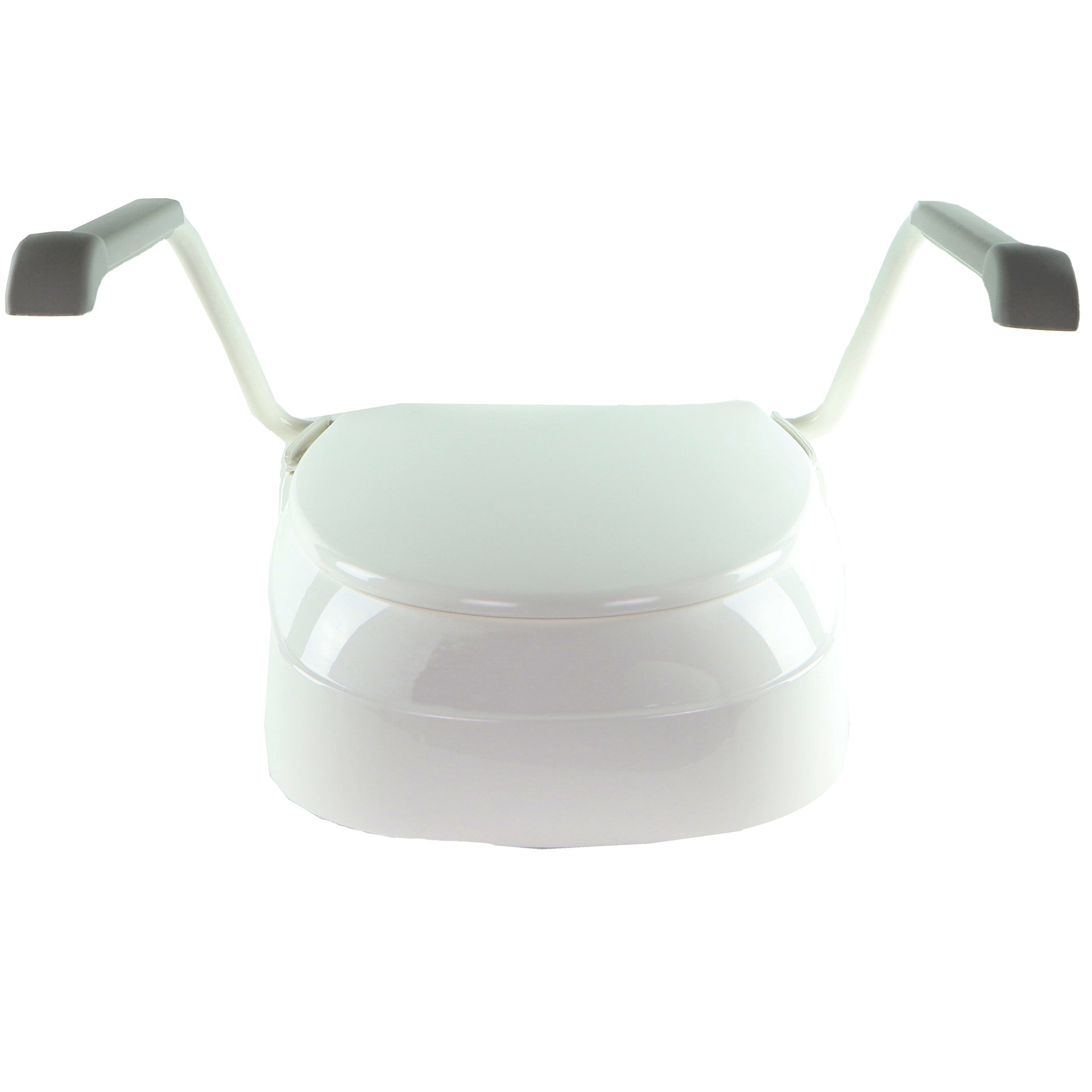 Siège De Toilette Adapté Rehaussement Ajustable Avec Accoudoirs Escamotables Vue Fontale Avec Couvercle Fermé