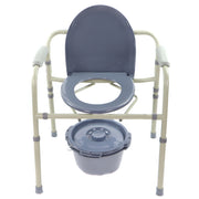 Toilette Portative Siège Rond Standard Avec Couvercle Le Tout Gris Et Cadre Acier Peinturé Vue Frontale Avec Sceau Par Terre