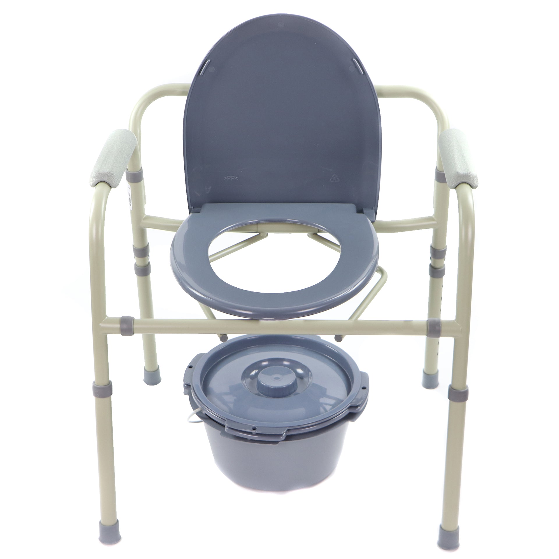 Toilette Portative Siège Rond Standard Avec Couvercle Le Tout Gris Et Cadre Acier Peinturé Vue Frontale Avec Sceau Par Terre