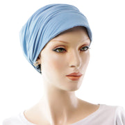 Turban Cancer Transformable En Chapeau Chimio À Rebord Couleur Bleu Ciel