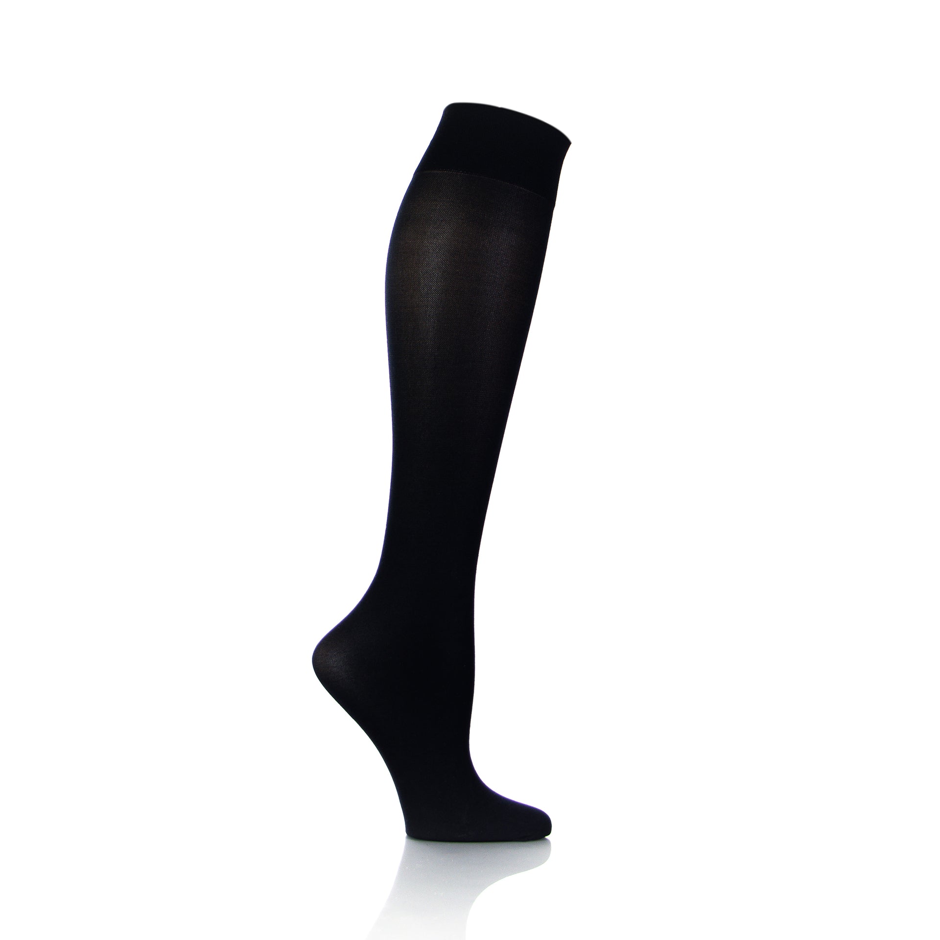 Bas de compression noirs 20-30 mmHg pour le genou, vue intérieure de la jambe, élégants et fonctionnels - Softmedi