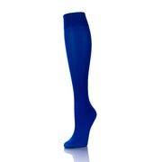 Bas de support pour femme en bleu royal Doctor Brace, vue en diagonale sur l'extérieur de la jambe - Softmedi