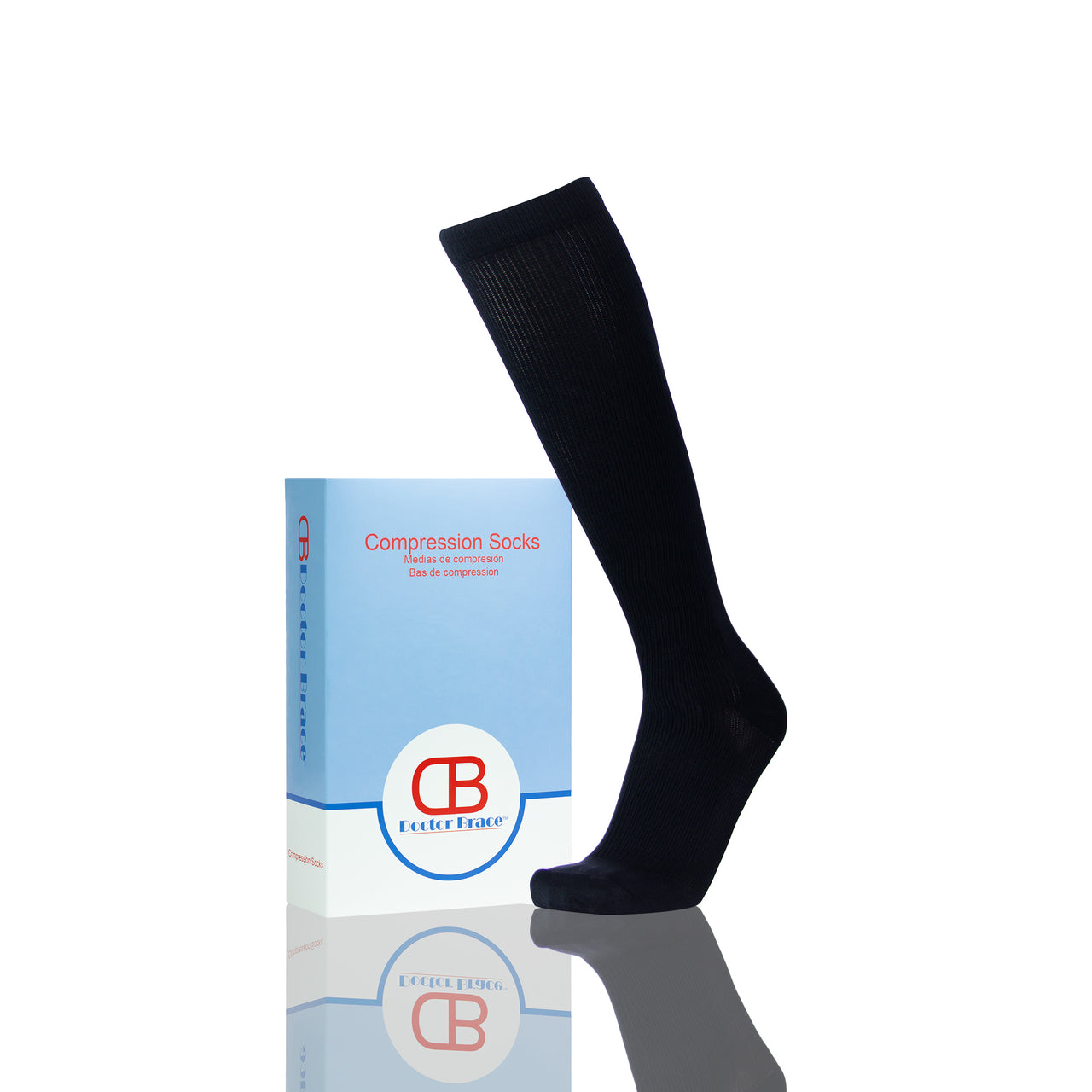 Bas Support Homme En 30 40 mmHg Doctor Brace Actiman - Tissu Côtelé En Couleur Noire - Vus Sur Une Demi Jambe Avec L'emballage À Côté
