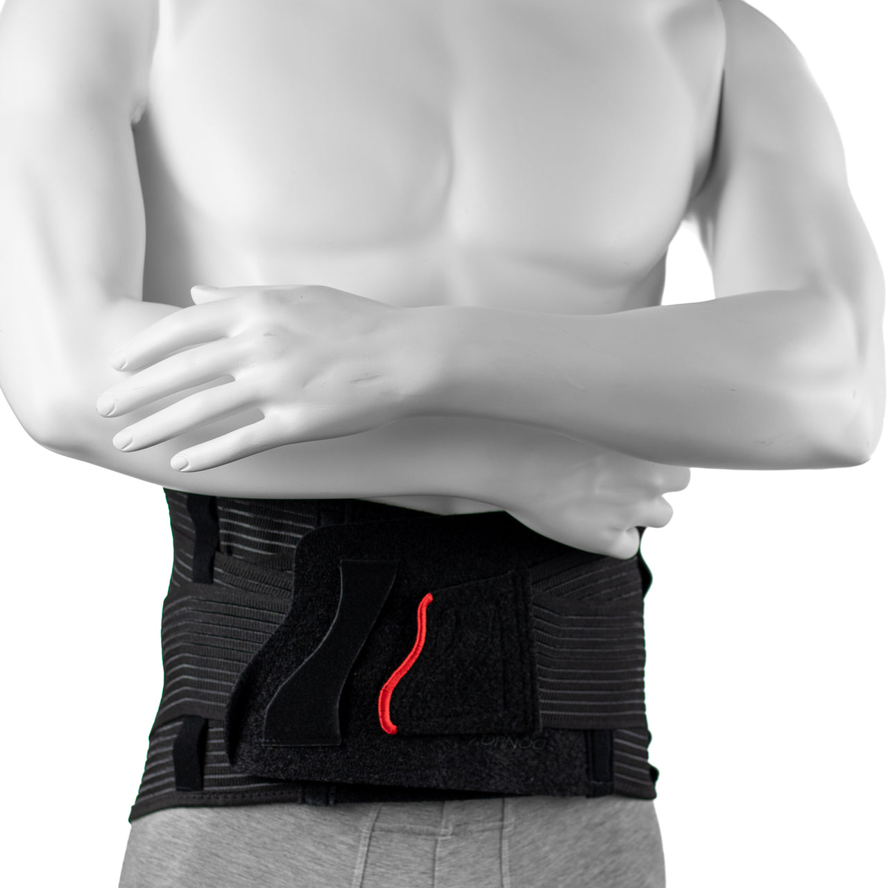 Ceinture Dorsale Élastique Portée Par Un Homme Au Niveau Du Bas Du Dos Et De L'abdomen - Noire - Vue Frontale
