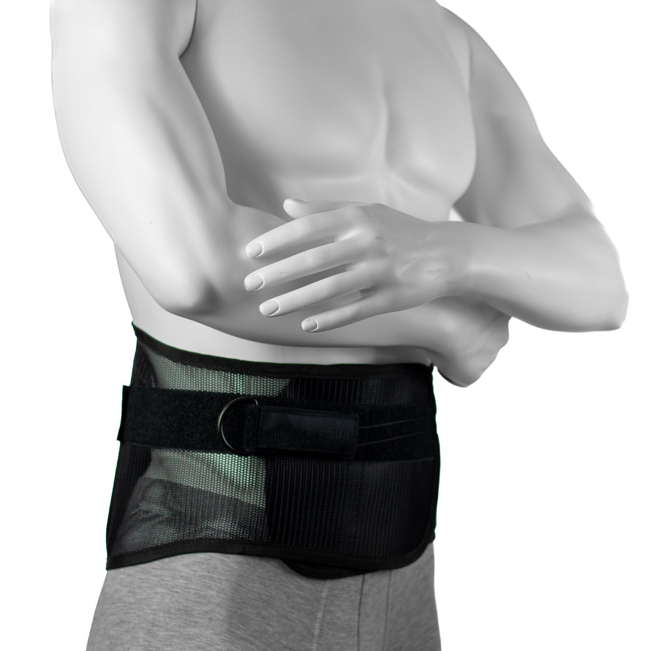 Ceinture Pour Le Dos Portée Par Un Homme Pour Douleur Lombaire - Ajustement À Cables - Vue Frontale Et Du Tissu En Mèche Respirable