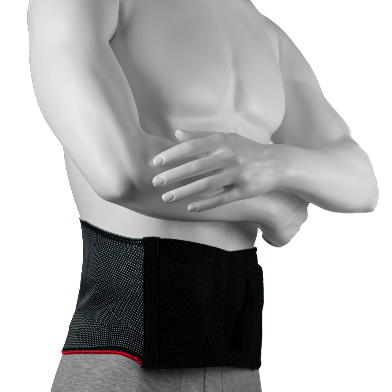 Ceinture Lombaire Avec Compresse En Gel Pour Chaud Froid - Tissu De Contention Gris - 21 Cm De Large - Portée Par Un Mannequin Homme - Vue Frontale