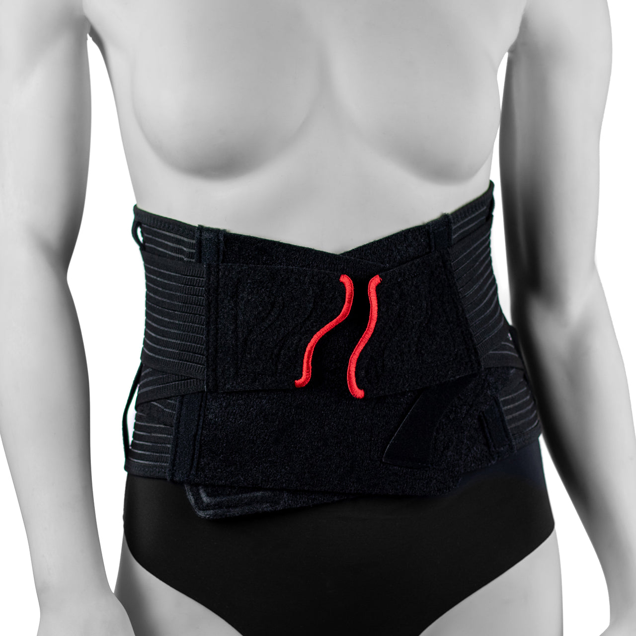 Ceinture Lombaire Pour Douleurs Au Bas Du Dos Avec Élasticité Ajustable - 21 cm De Large- Portée Par Une Femme - Vue Frontale Proche