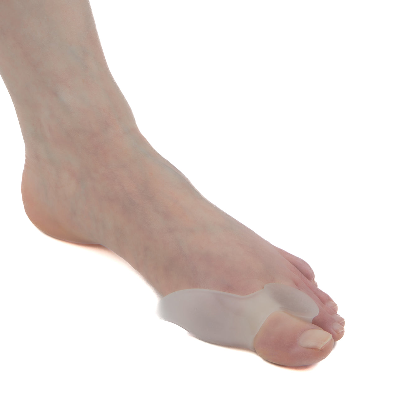 Écarteur D'orteil Pour Hallux Valgus Porté Sur Un Vrai Pied - En Gel - Avec Extension Pour La Protection De La base Du Gros Orteil - Vue Du Dessus Du Pied