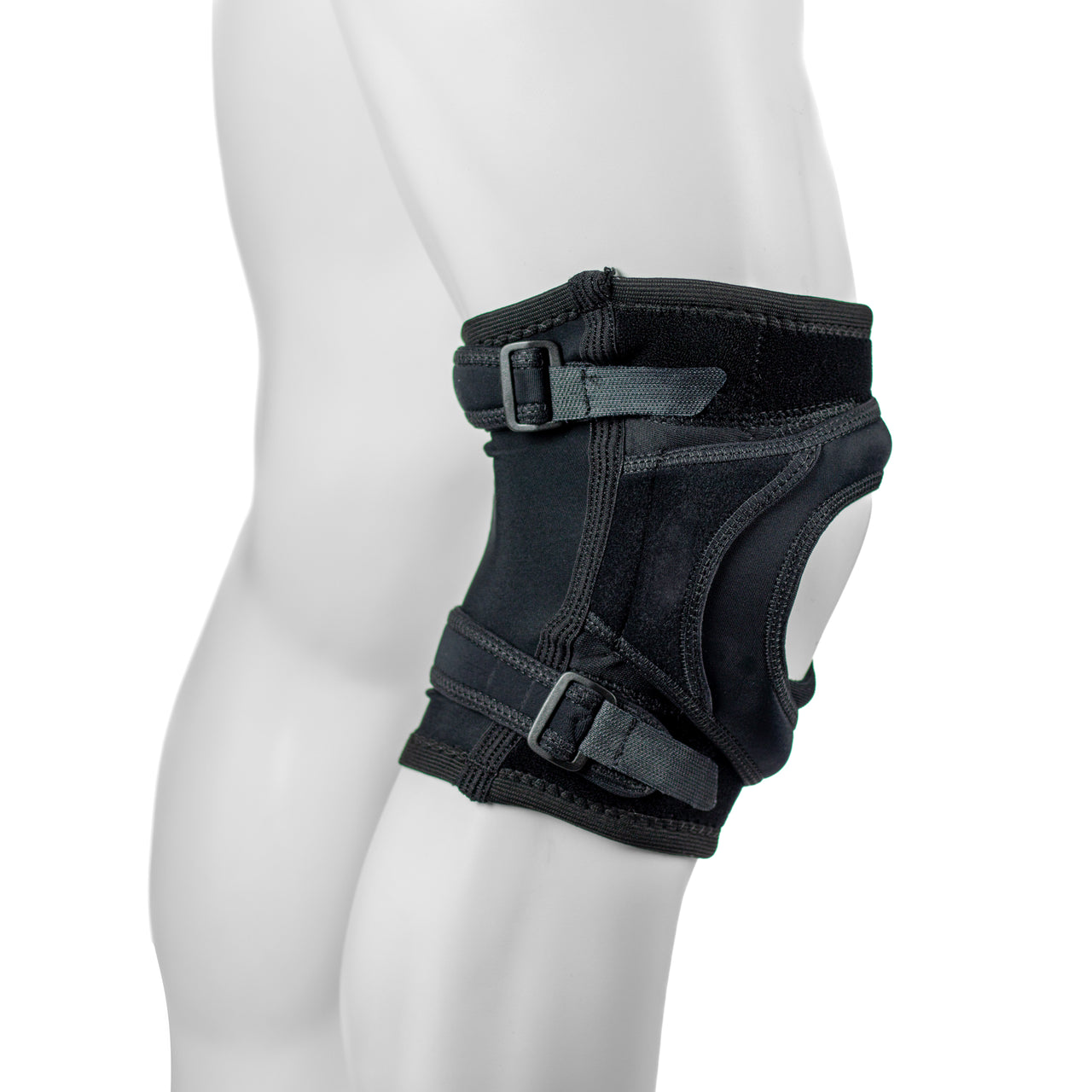 Orthèse Pour Genou Rotulienne Anti-migration Avec Ouverture Et Sangle En Y Autour De La Rotule - Noire - Vue De Côté