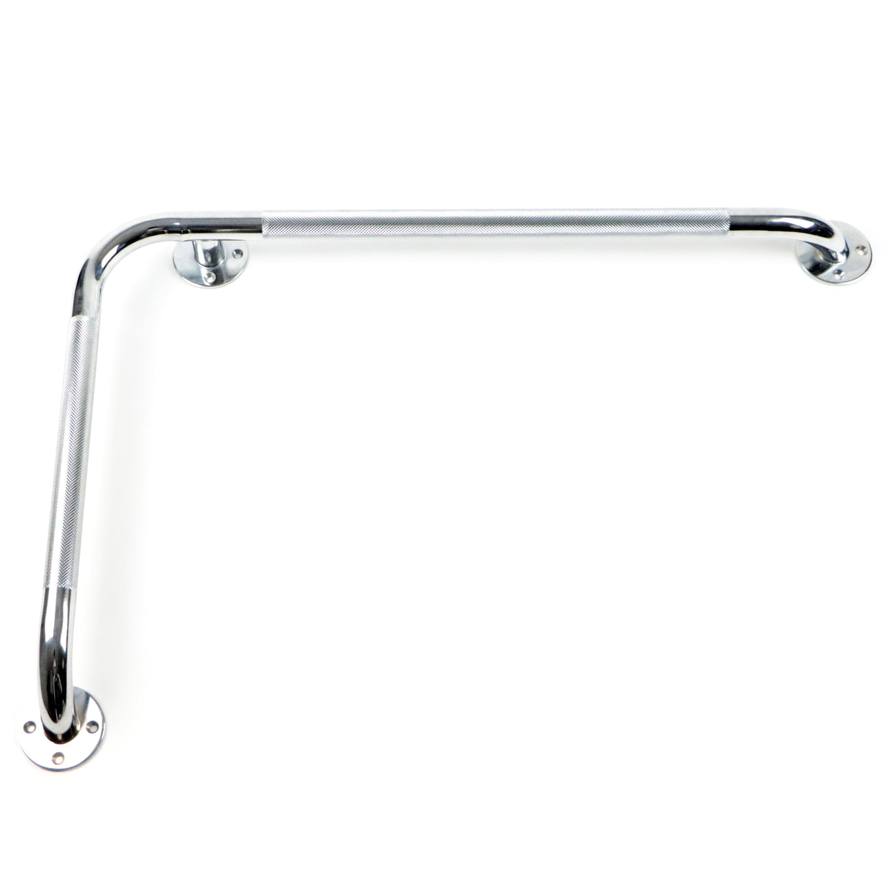 Barre D'appui Pour Baignoire Ou Douche Inclinée En L Chromée Texturée De 32x16 Pouces Vue Horizontale Angle 90 Degrés Face Vers Le Bas