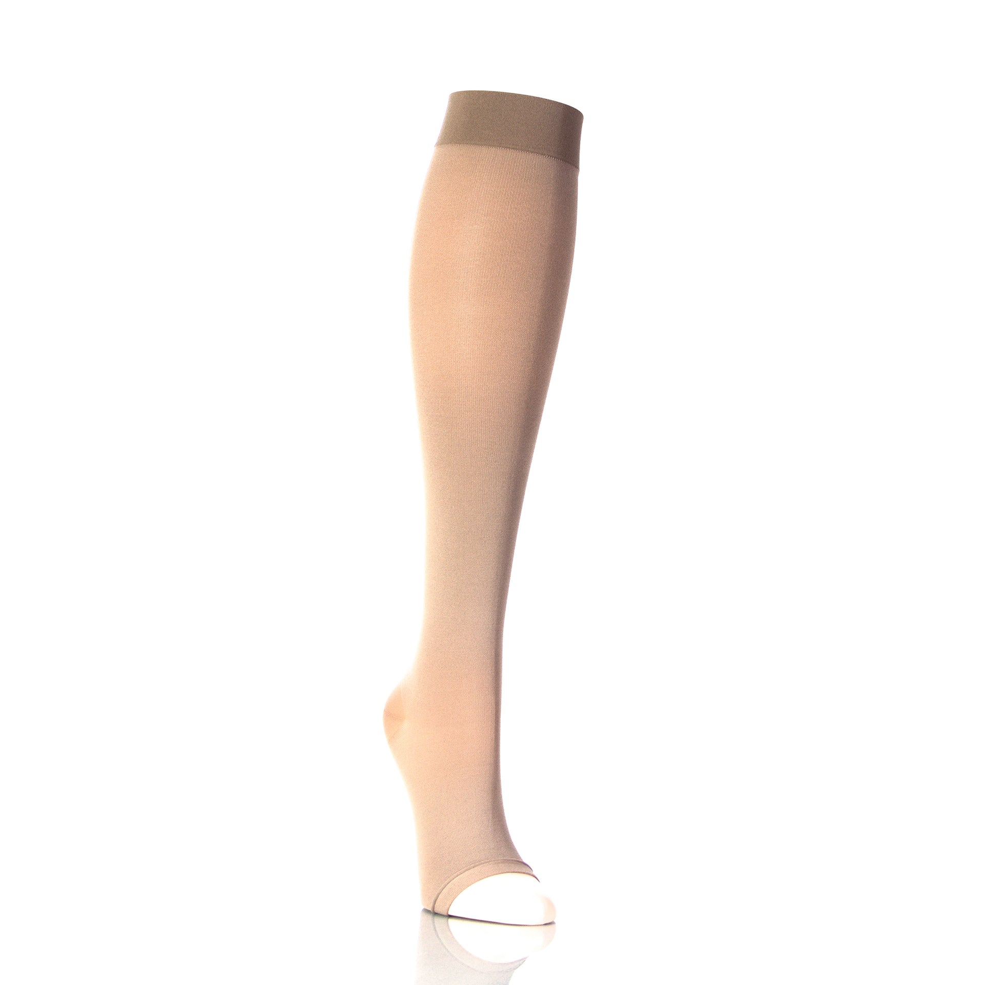 Bas De Compression Couleur Beige Ouverts Aux Orteils - Présentés Sur Une Demi-jambe En Plastique - Tissu Opaque