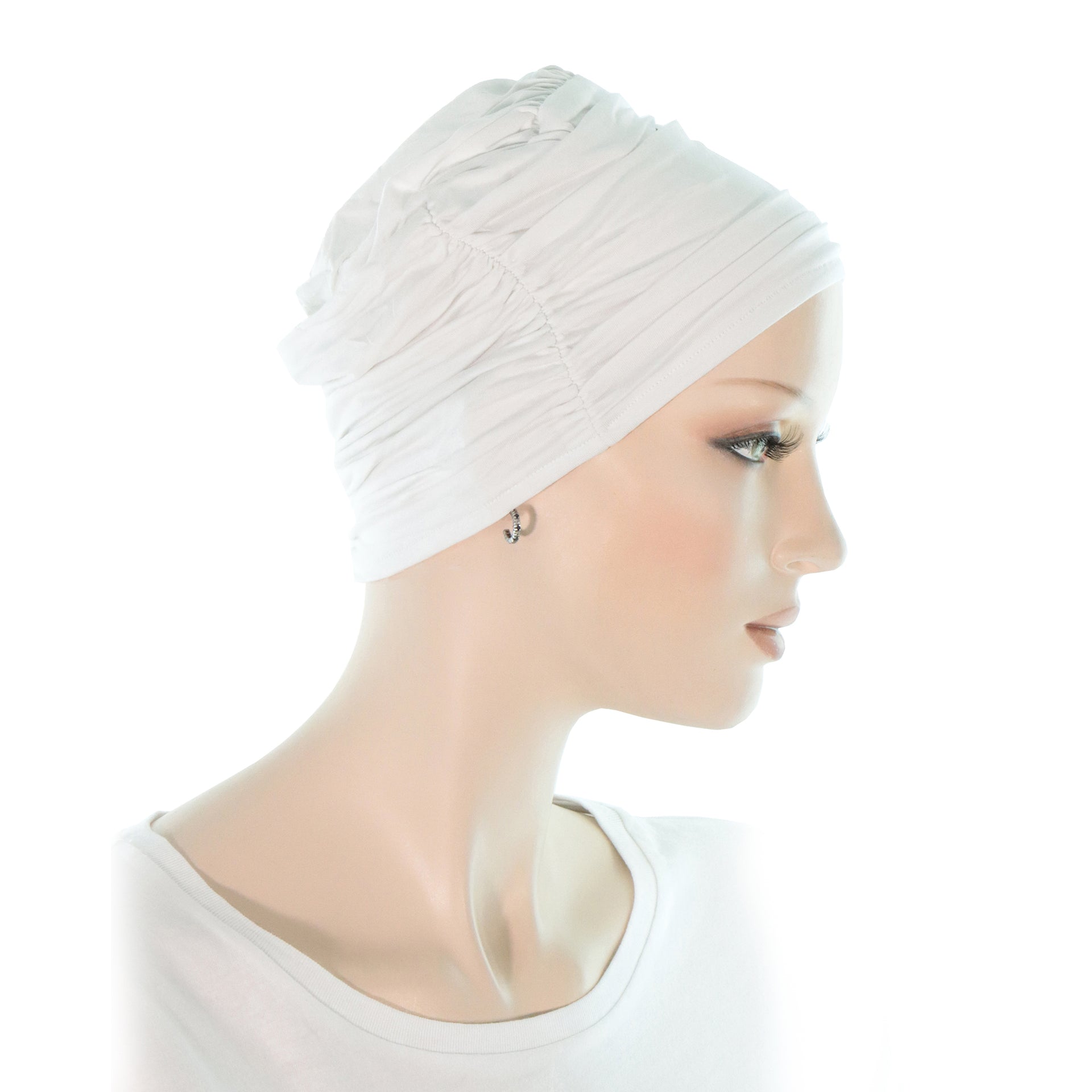 Bonnet Cancer Pour Femme En Bambou Simple Elegant Blanc  Profil Droit
