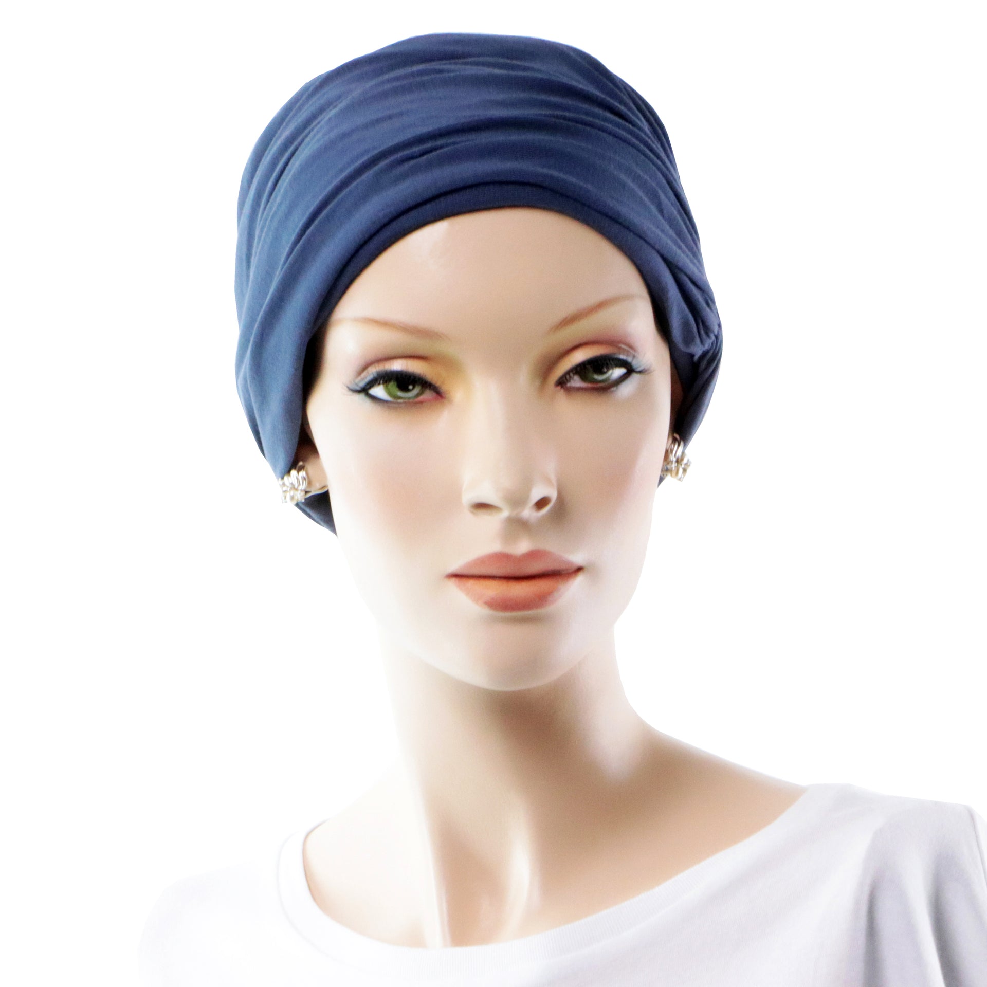 Bonnet Chimio En Bambou 2 En 1 Casquette Et Turban Pour Cancer Bleu Vue Face