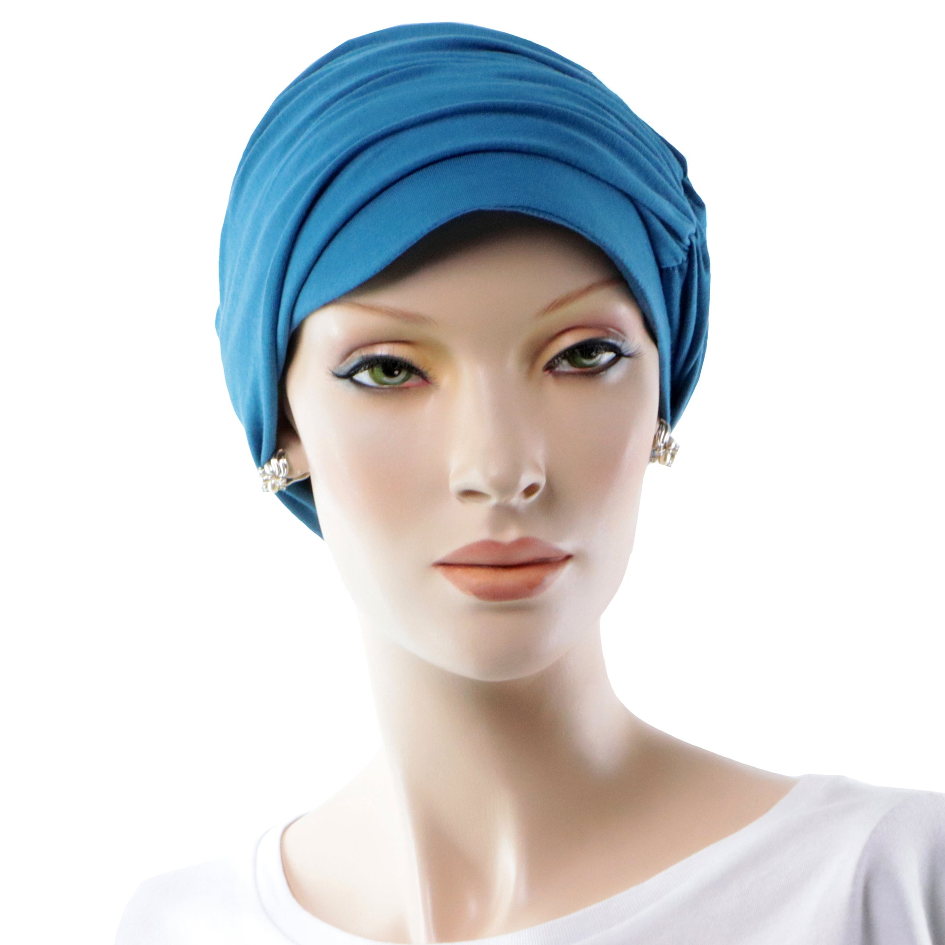 Bonnet Chimio Style Chapeau Avec Rebord 2 En 1 En Bambou Pour Femme Bleu Océan Vue Face