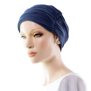 Bonnet Chimio Pour Femme En Bambou 2 En 1 Converti En Turban Cancer Bleu Profil Gauche